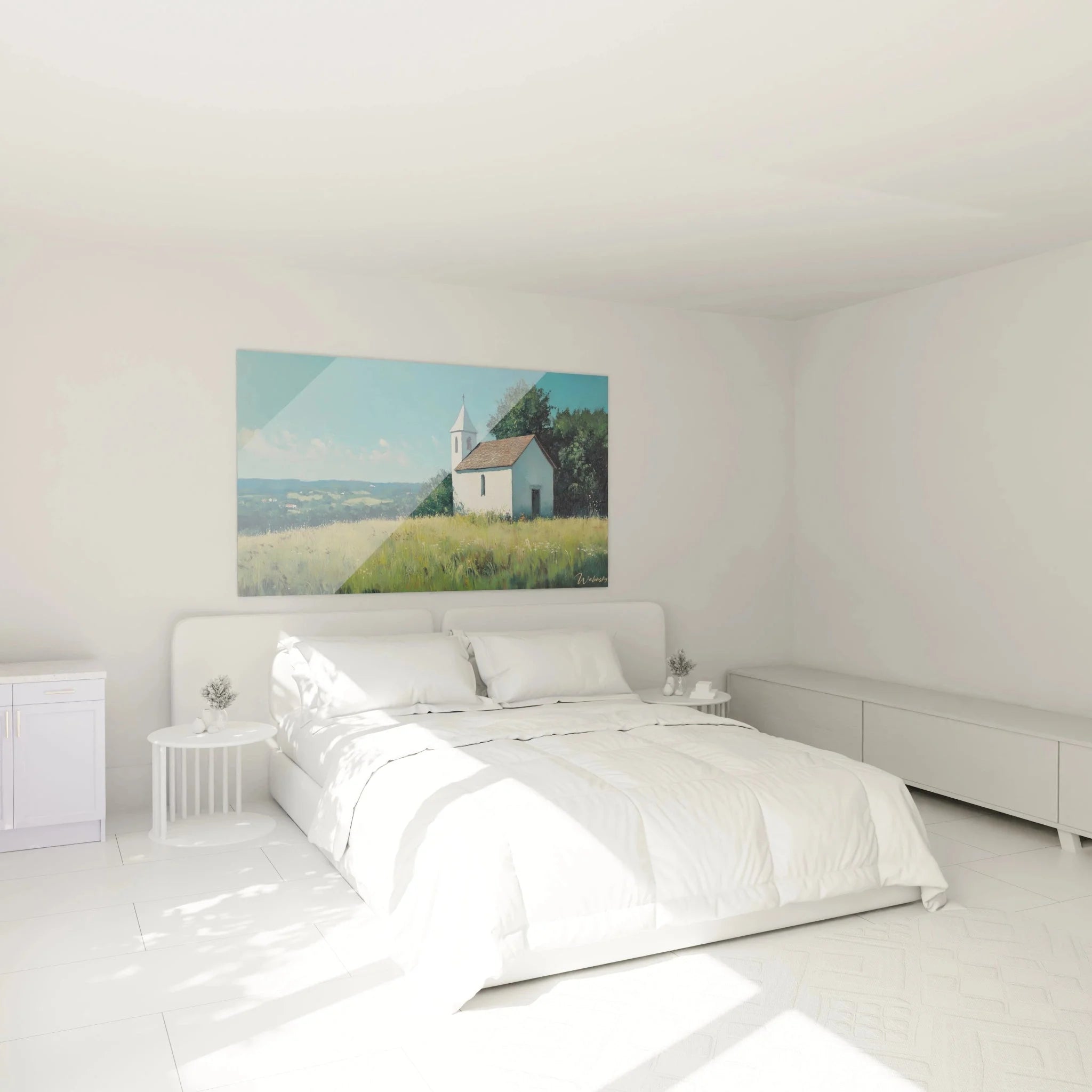 Wandbild Kapelle in Schlafzimmer - Beruhigende Landschaftsdekoration mit idyllischer Dorfkirche