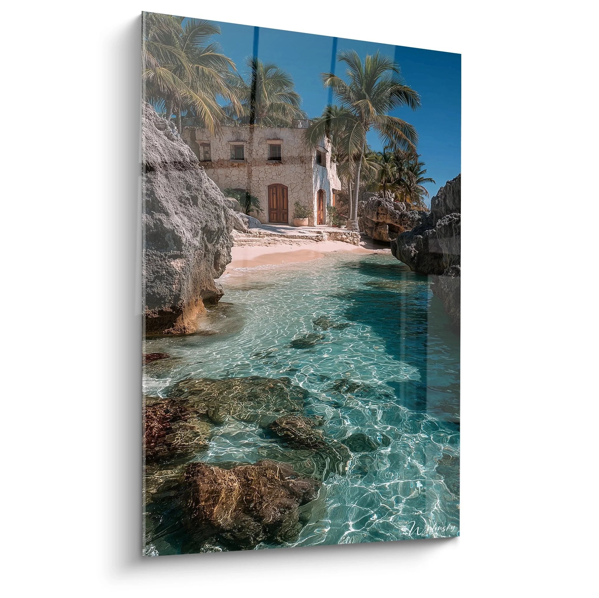 Wandbild Karibik Bucht mit türkisblauer Lagune, Steinhaus und Palmen - Tropische Strand Dekoration