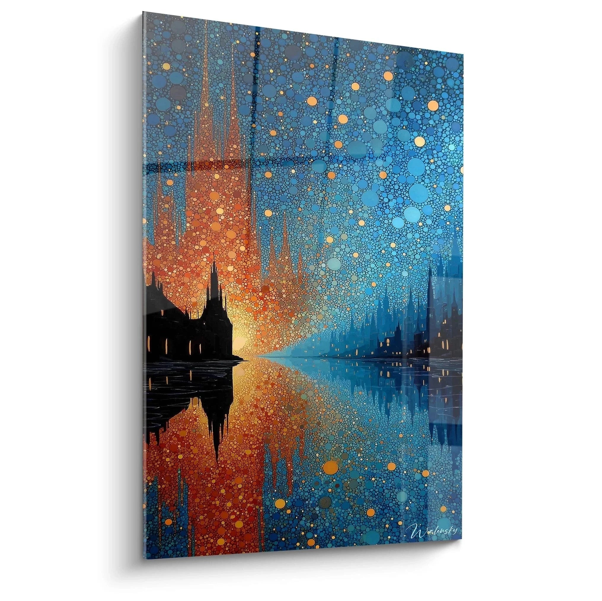 Wandbild Kathedrale Pointillismus nächtliche Reflexion warme kalte Farbtöne gotische Architektur Wanddekoration