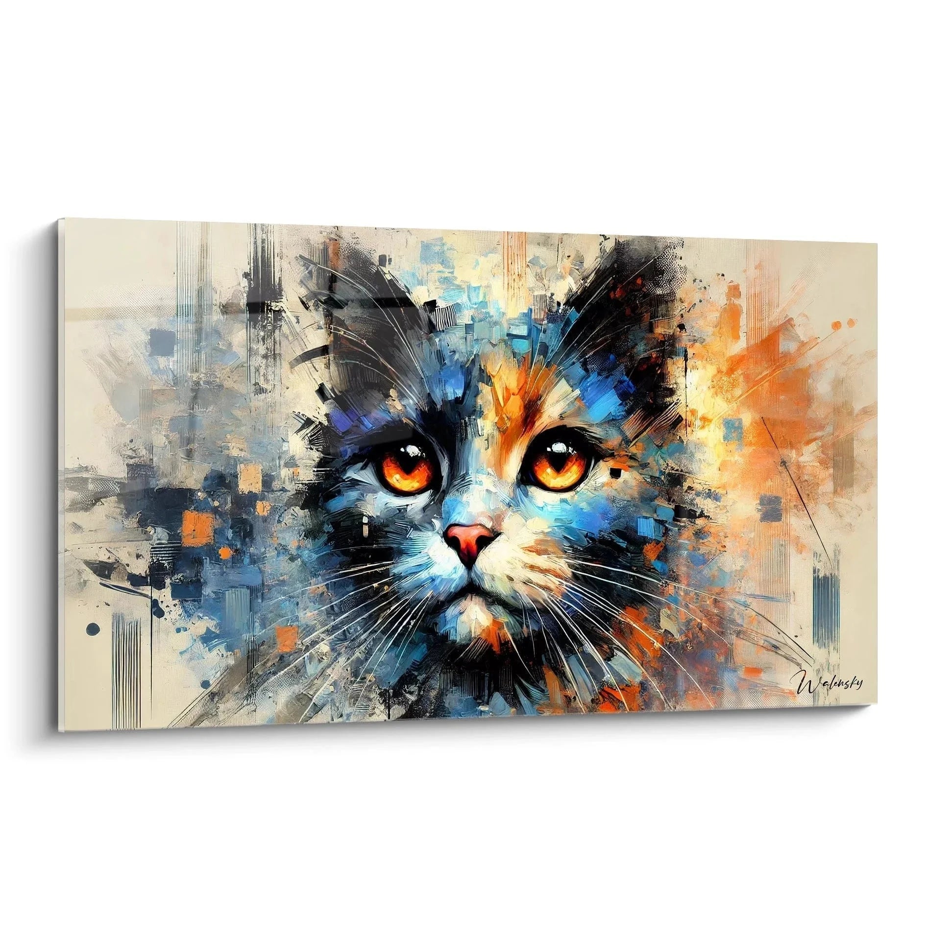 Wandbild Katze abstrakt mit leuchtenden Augen und expressiven Farbspritzern in Blau Orange