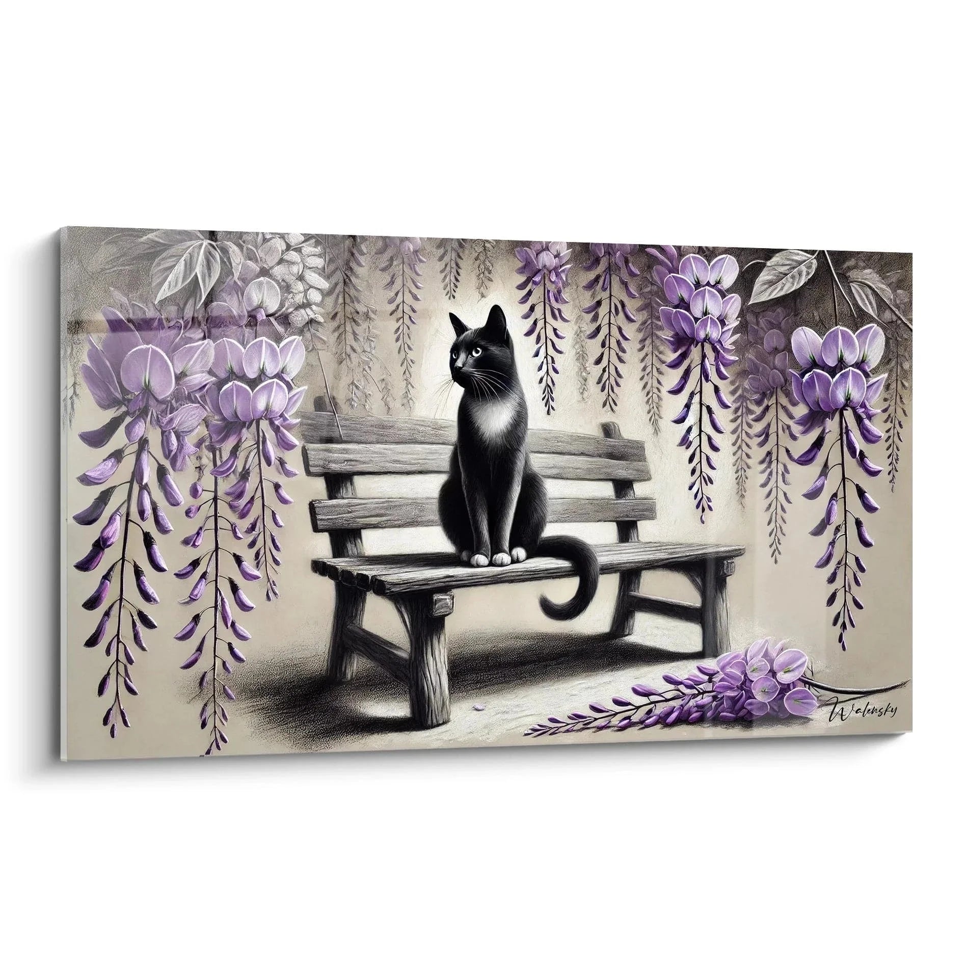 Wandbild schwarz-weiße Katze auf Holzbank unter lila Wisteria Blüten im romantischen Gartenstil