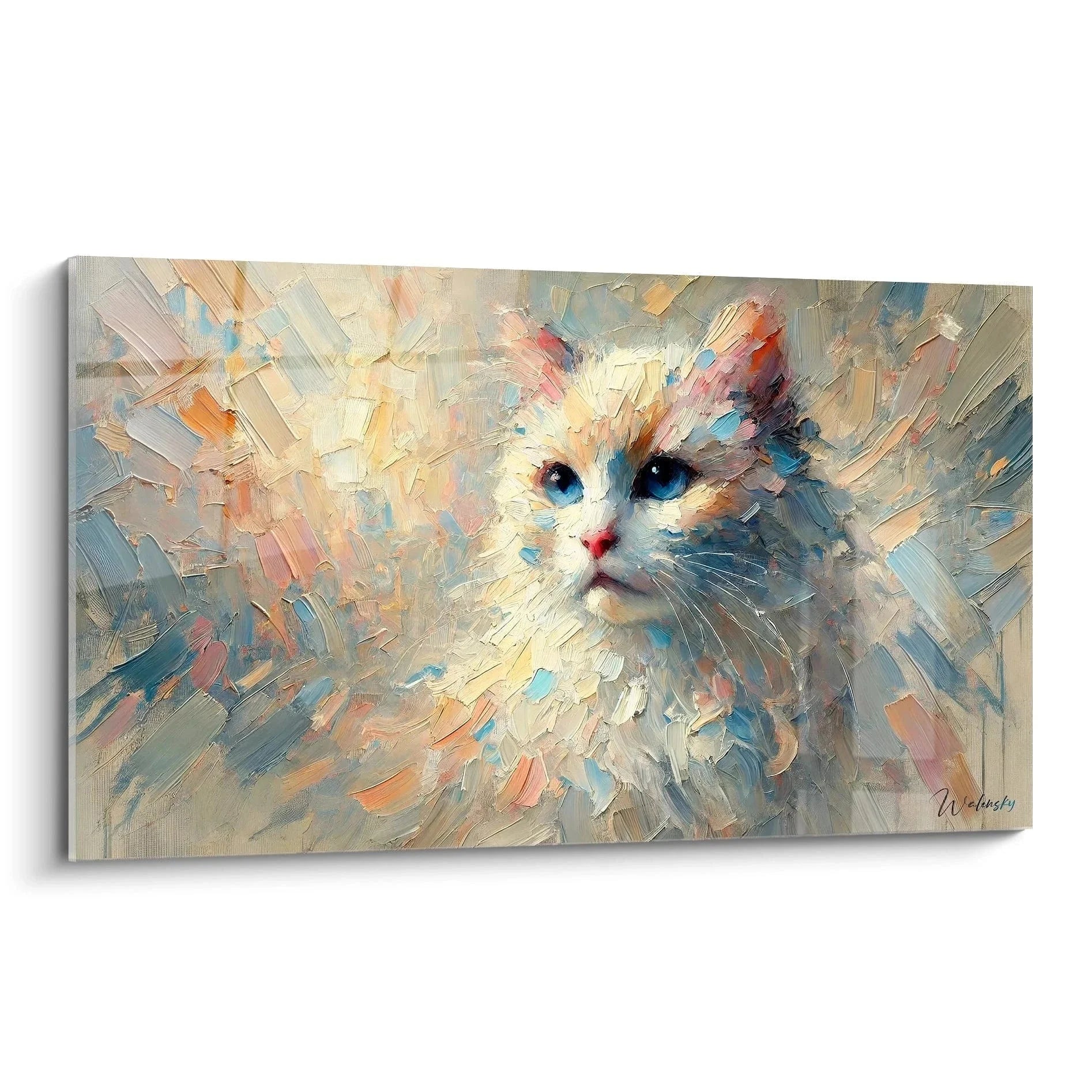Impressionistisches Wandbild weiße Katze mit blauen Augen in warmen Farbtönen gemalt