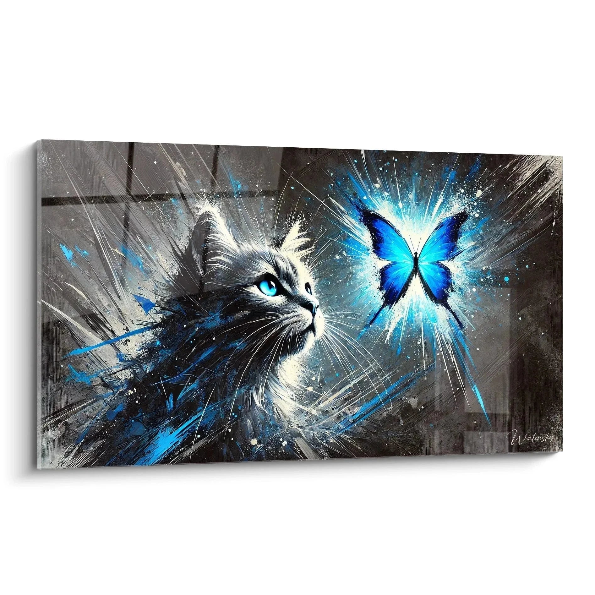 Wandbild Katze mit blauem Schmetterling - Mystische Leinwandkunst mit Lichteffekten Edition Katze