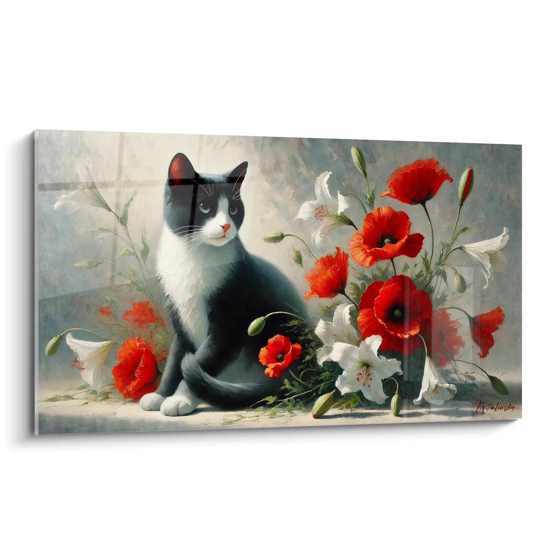 Wandbild schwarz-weiße Katze mit roten Mohnblumen und weißen Lilien Blumenstilleben Kunstdruck