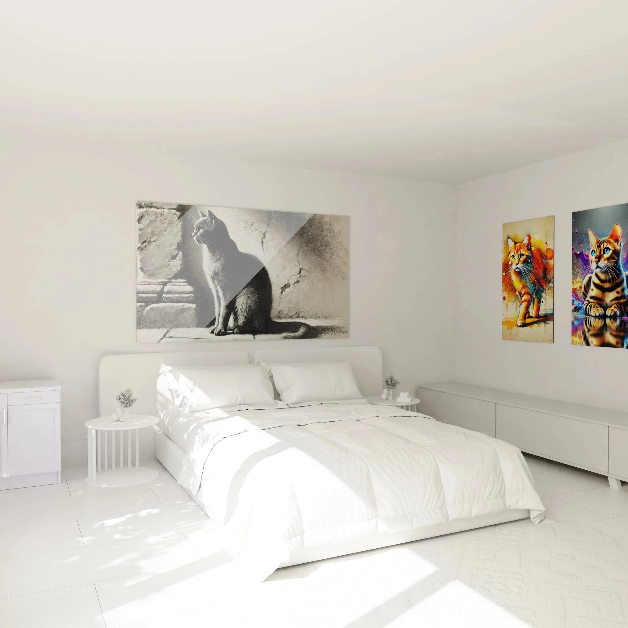 Schlafzimmer Deko mit Wandbild Katze - Schwarz-weiß Katzenposter über Bett an weißer Wand