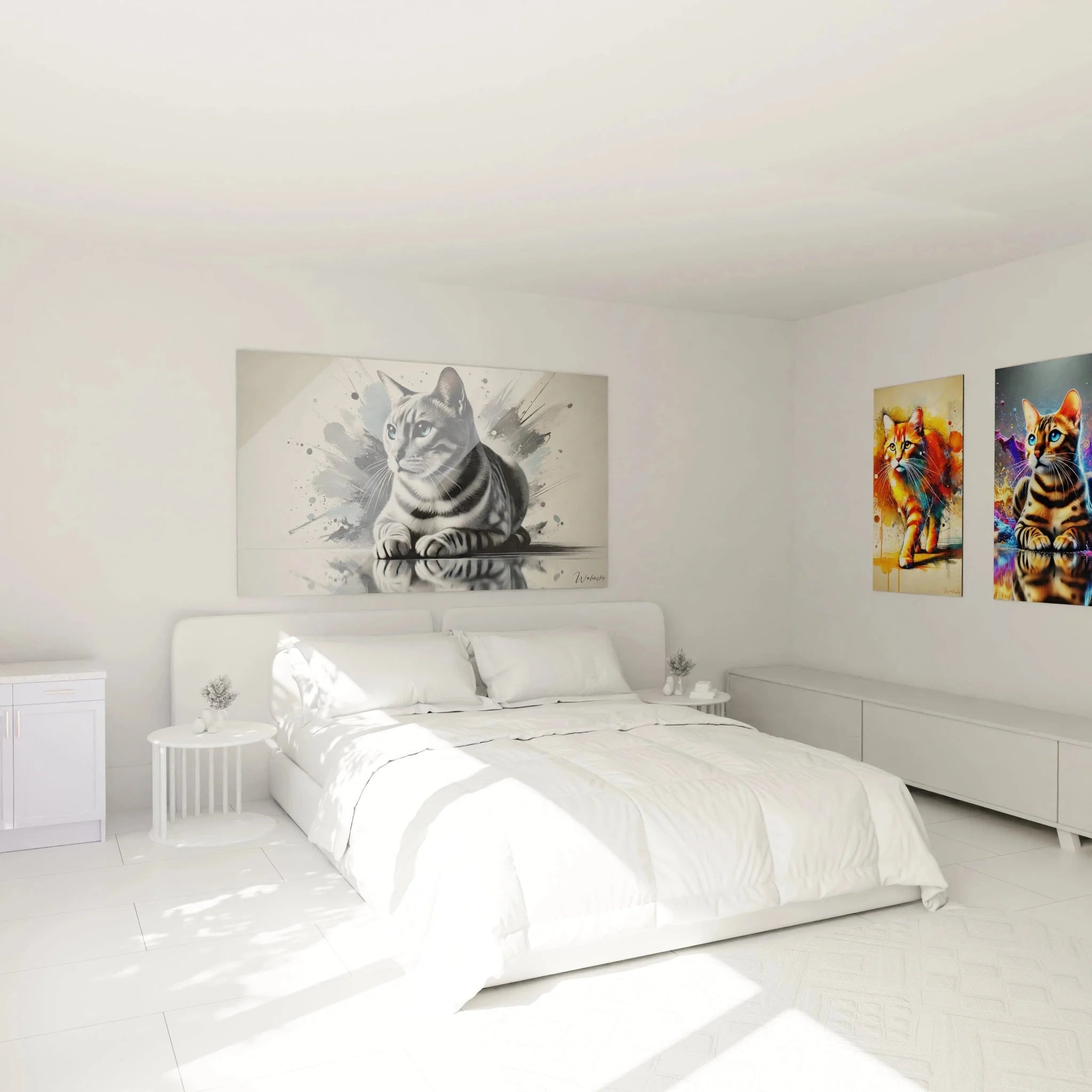 Wandbild Katze im Schlafzimmer, elegante Wandgestaltung mit Katzenmotiv