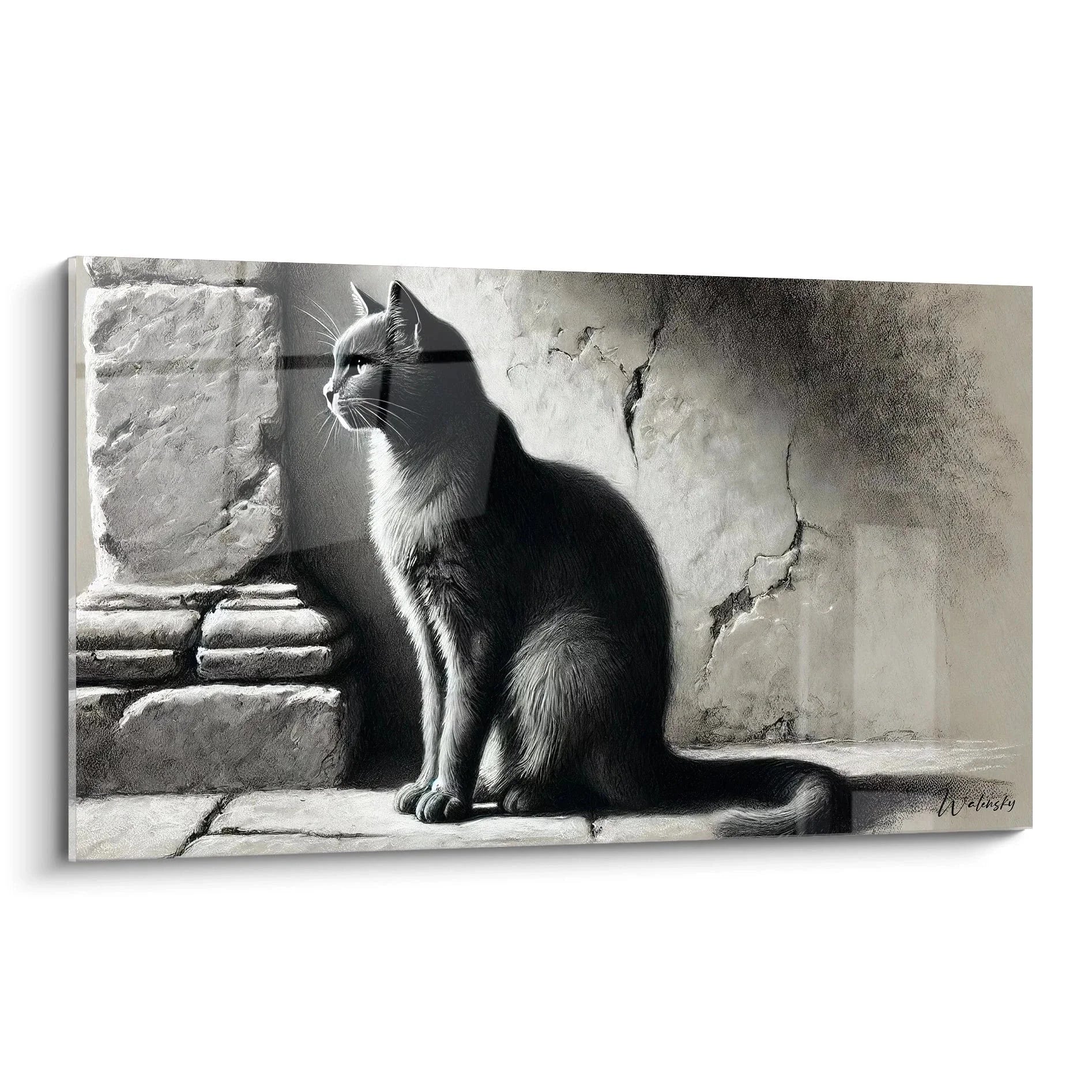 Wandbild Katze schwarz-weiß - Elegante Hauskatze sitzt auf Steinmauer, kunstvolle Fotografie