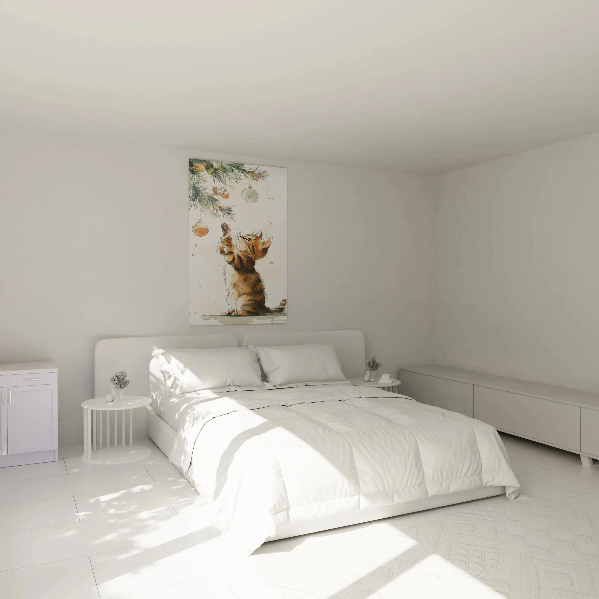 Wandbild Katze Weihnachten im Schlafzimmer - gemütliche Weihnachtsdeko mit verspieltem Kätzchen