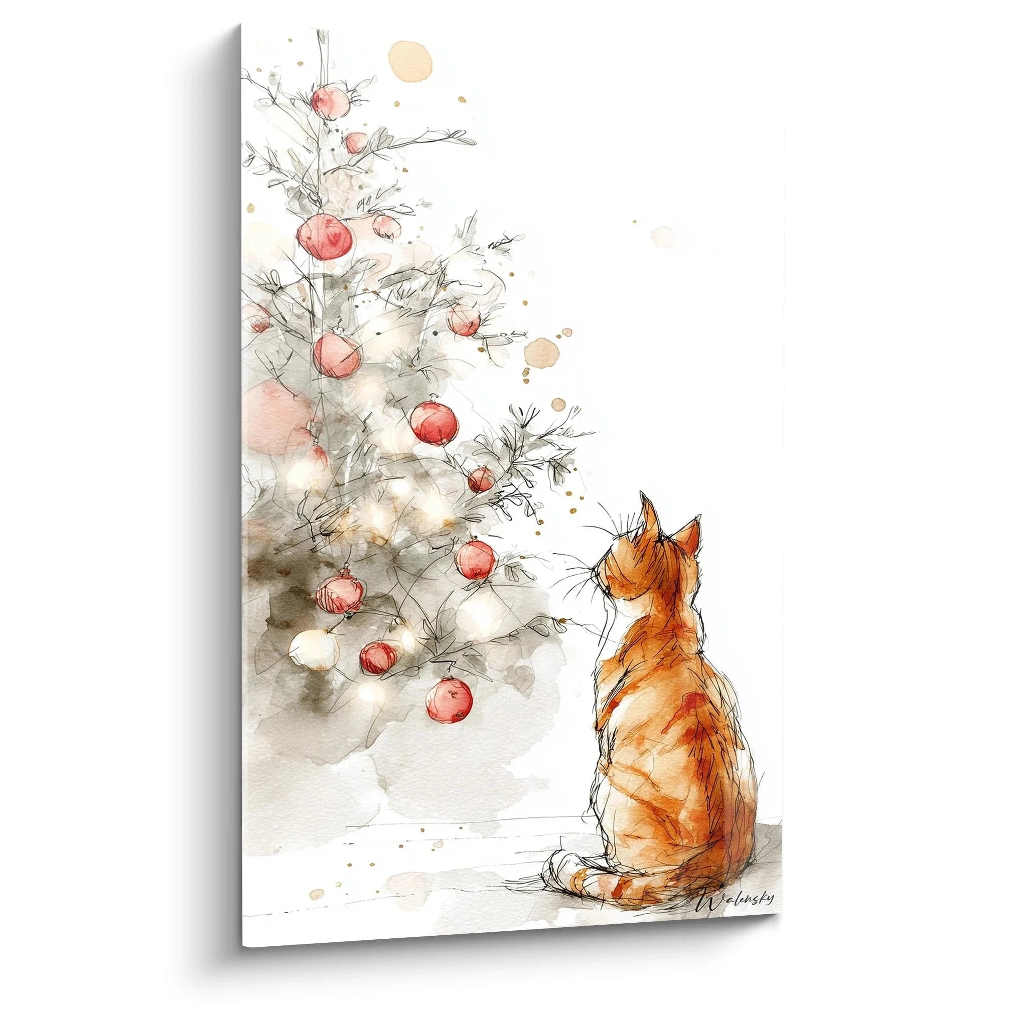 Wandbild Katze unter Weihnachtsbaum Aquarell - Festliche Dekoration mit roter Katze und Weihnachtskugeln