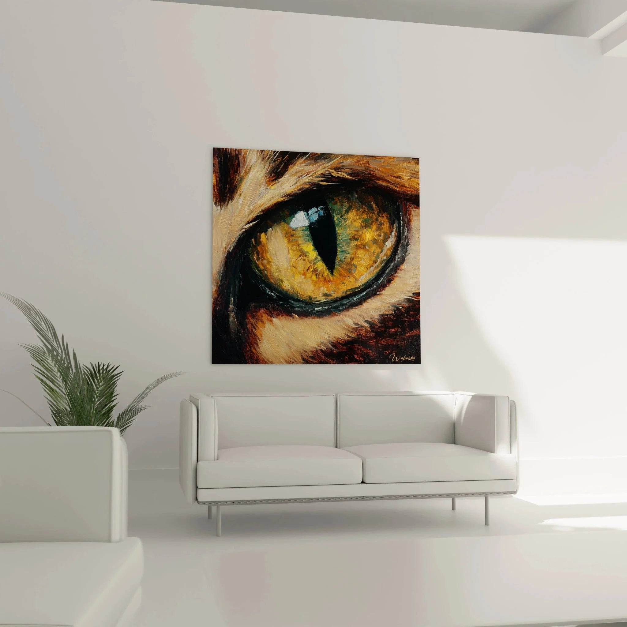 Detailaufnahme Wandbild Katzenauge - Goldene Iris mit charakteristischer Pupillenform