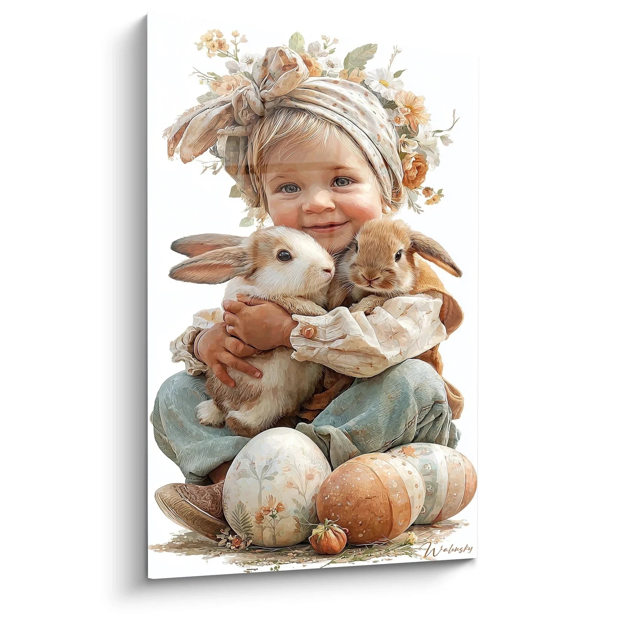 Wandbild Kind mit Häschen Osterfreude - süßes Mädchen mit Osterhasen und Blumen Edition Ostern