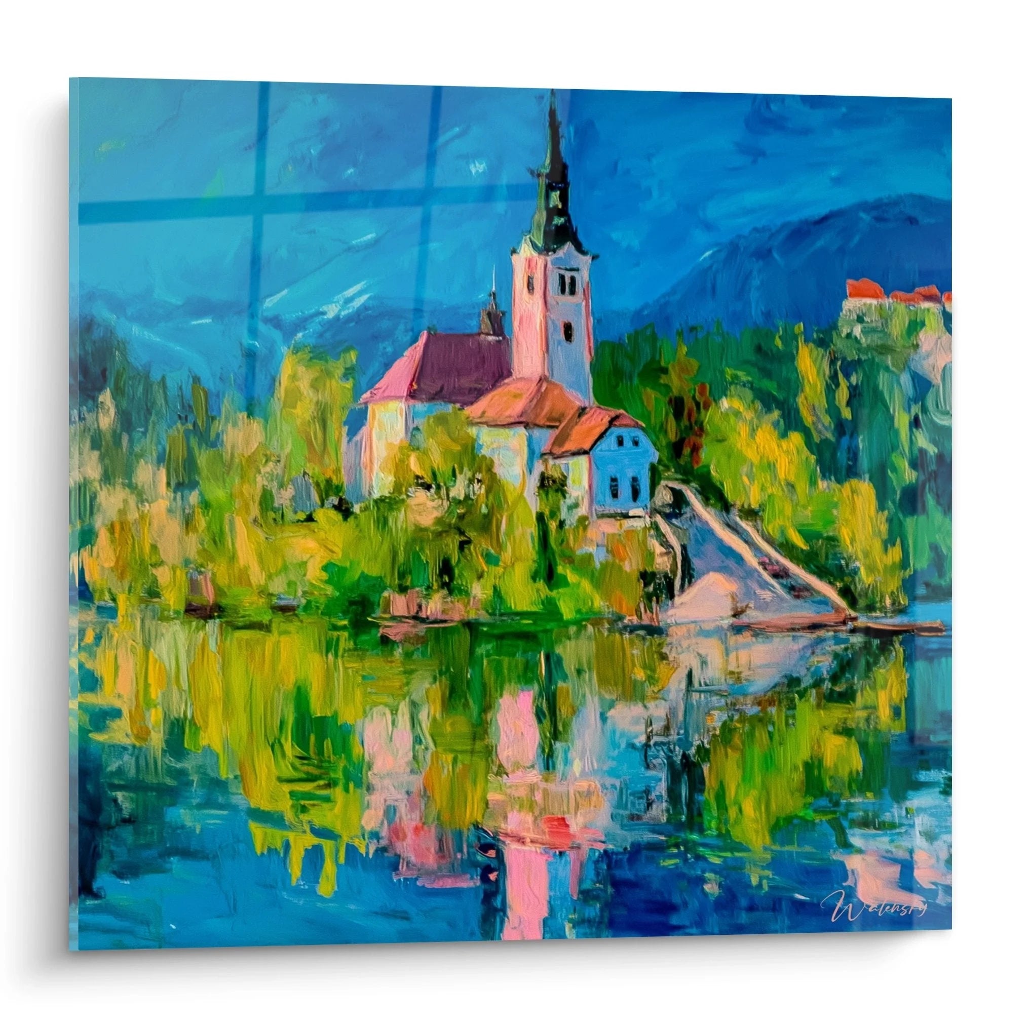 Wandbild Kirche am See mit Bergpanorama und Spiegelung im Wasser - Alpenlandschaft Kunstdruck
