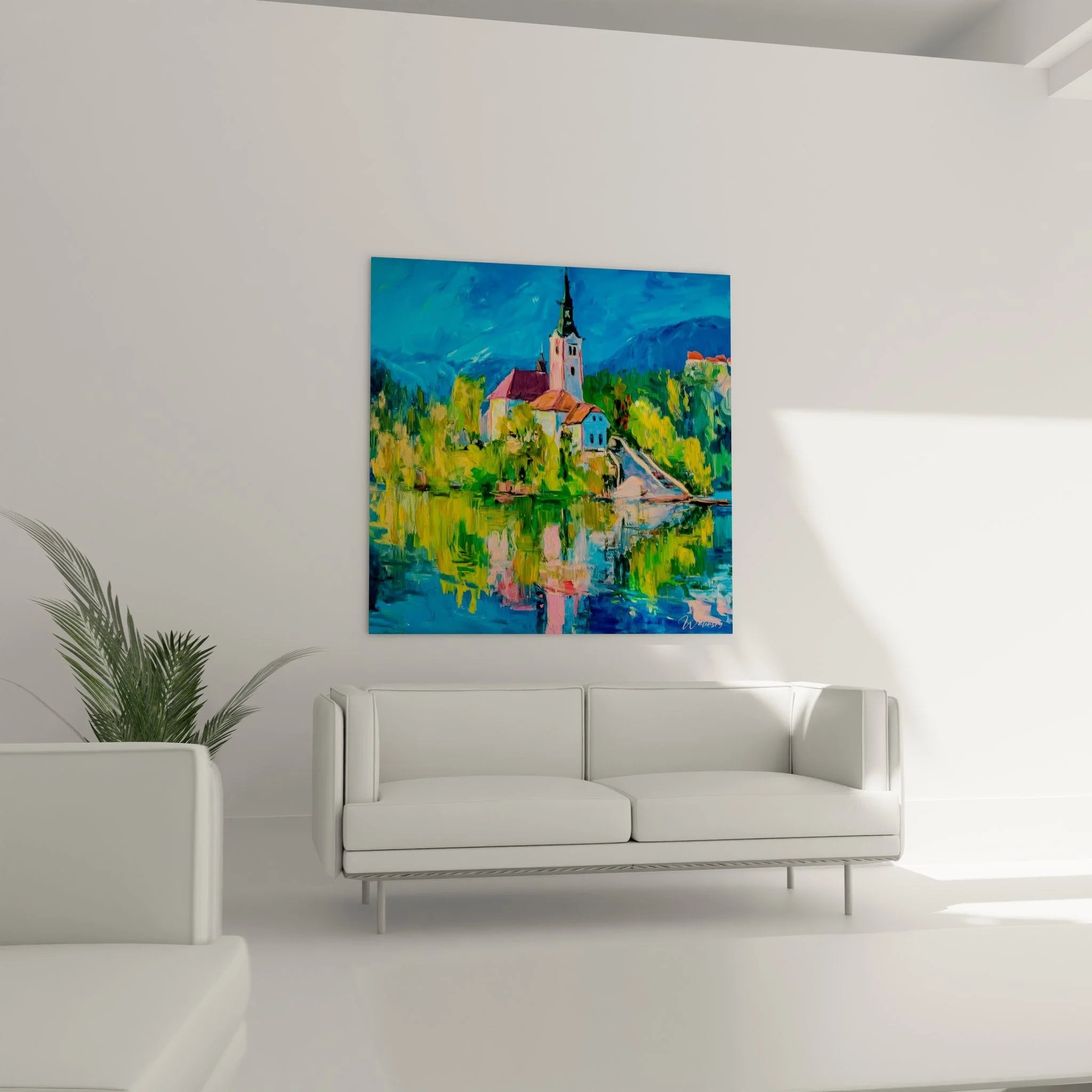 Detailansicht Wandbild Kirche am See - expressive Malerei mit Bergkulisse und Wasserreflektion