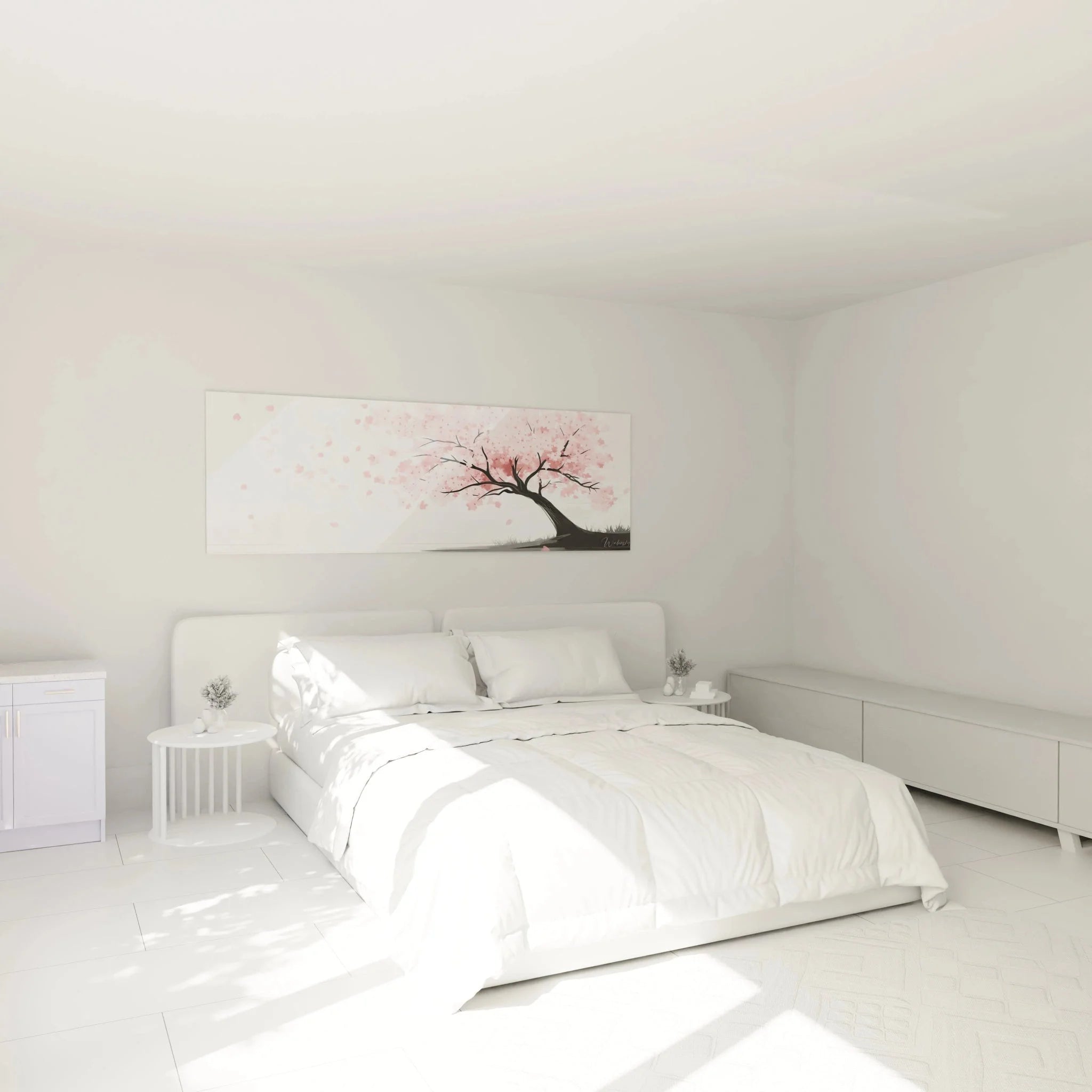 Wandbild Kirschbaum rosa in modernem Schlafzimmer über Bett als elegante Wanddekoration