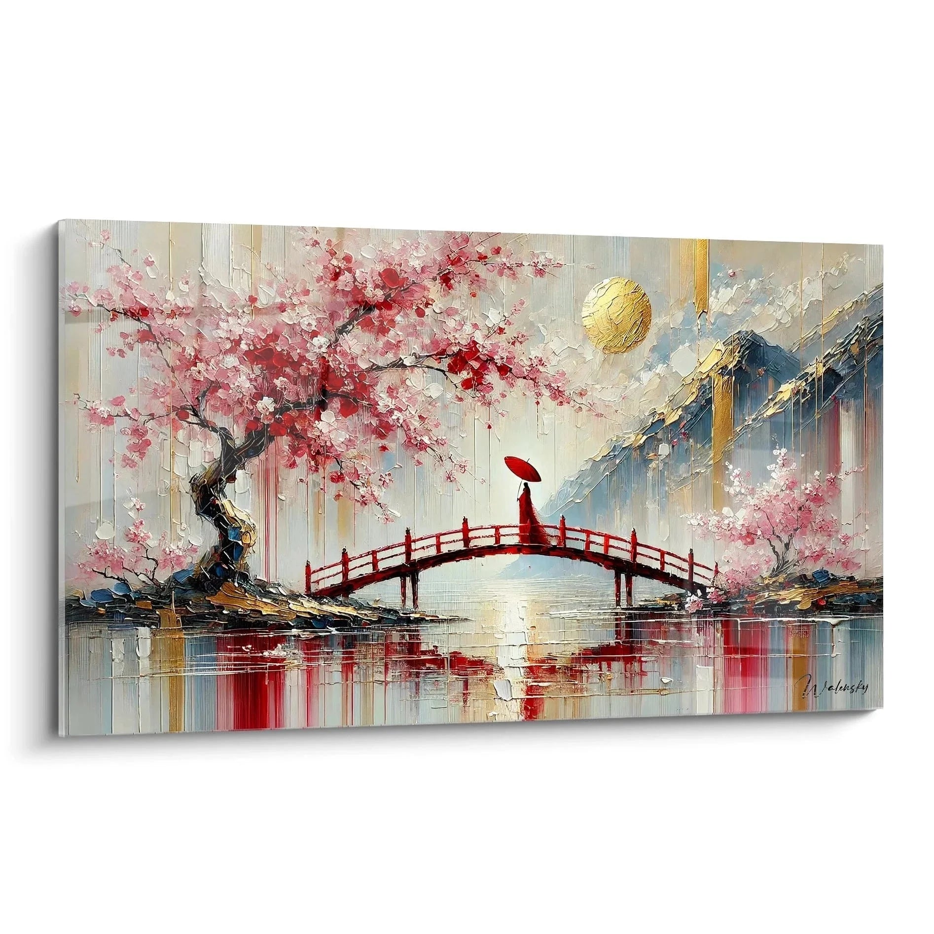 Wandbild japanische Kirschblüte mit Geisha auf roter Brücke, rosa Sakura Blüten, goldene Sonne
