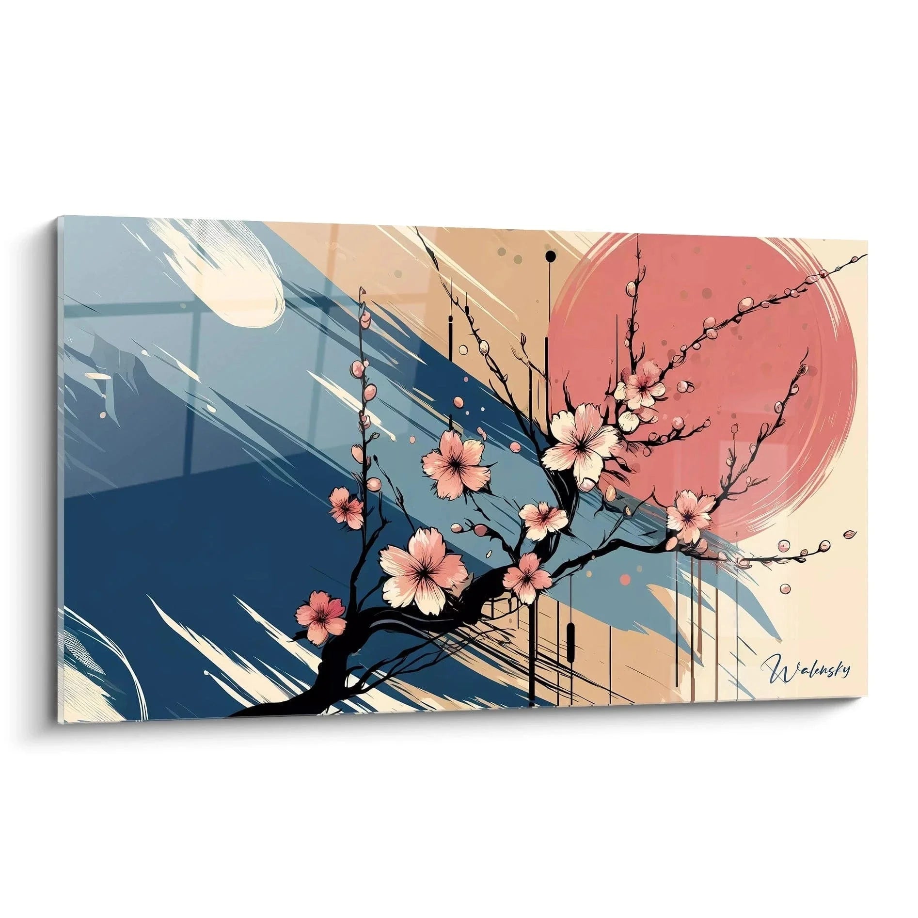 Wandbild Kirschblüten japanisch mit rosa Blüten und blau-beigen Farbverläufen - Edition Japanisch
