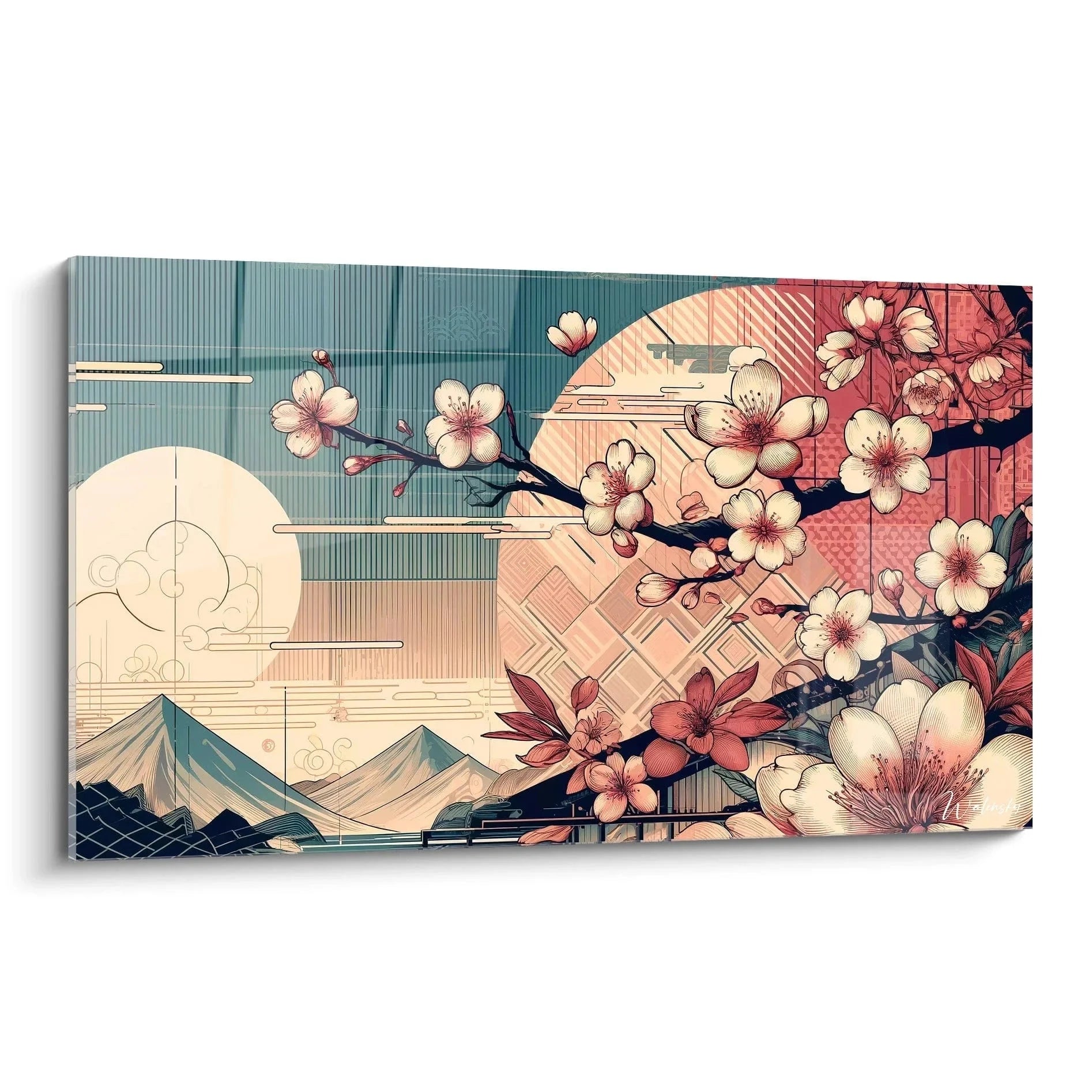Wandbild Kirschblüten japanisch mit Sakura Zweig und Mount Fuji in modernem Design