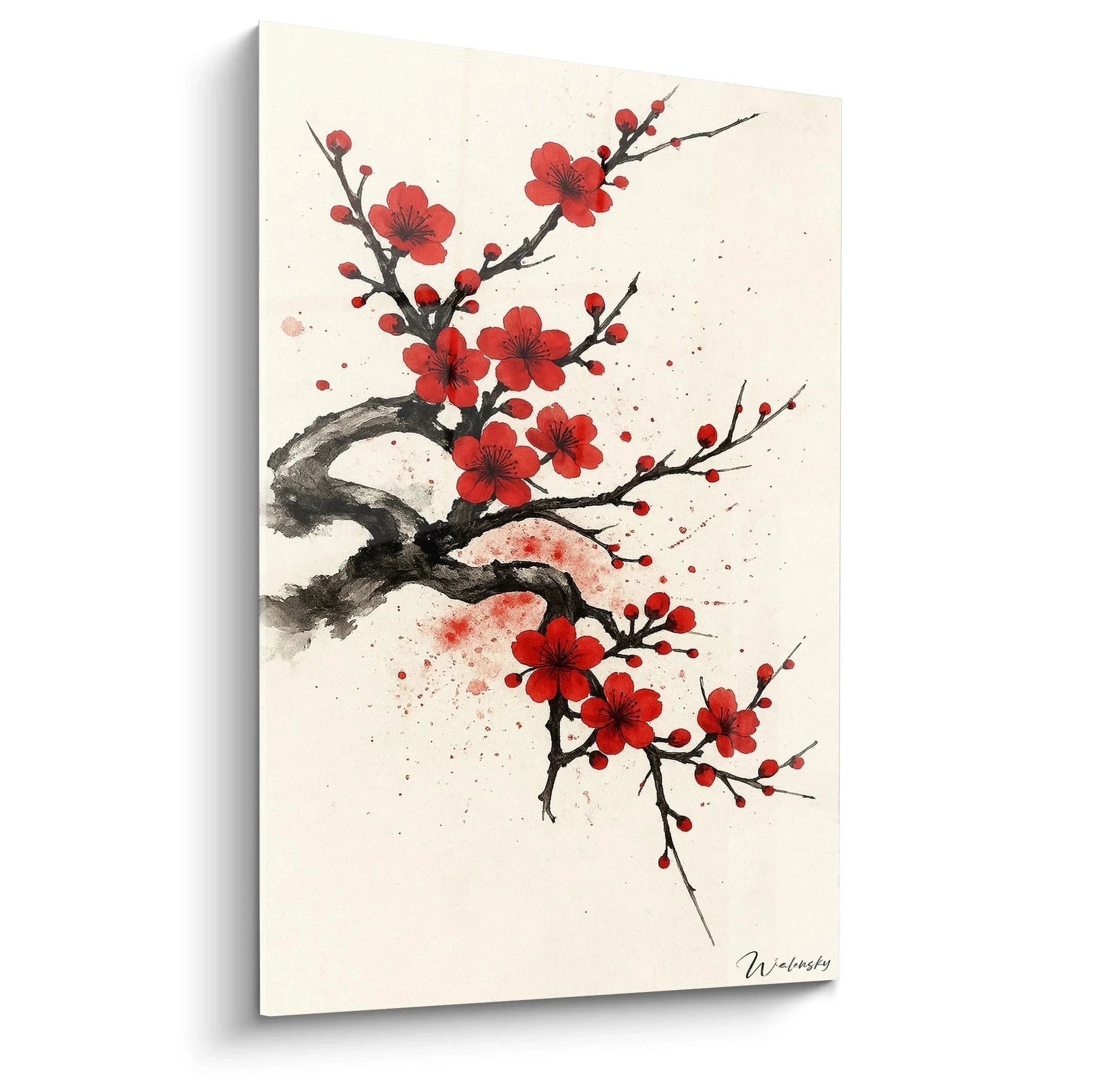 Wandbild Kirschblüten japanisch mit roten Sakura Blüten auf cremefarbenem Hintergrund - Edition Japanisch