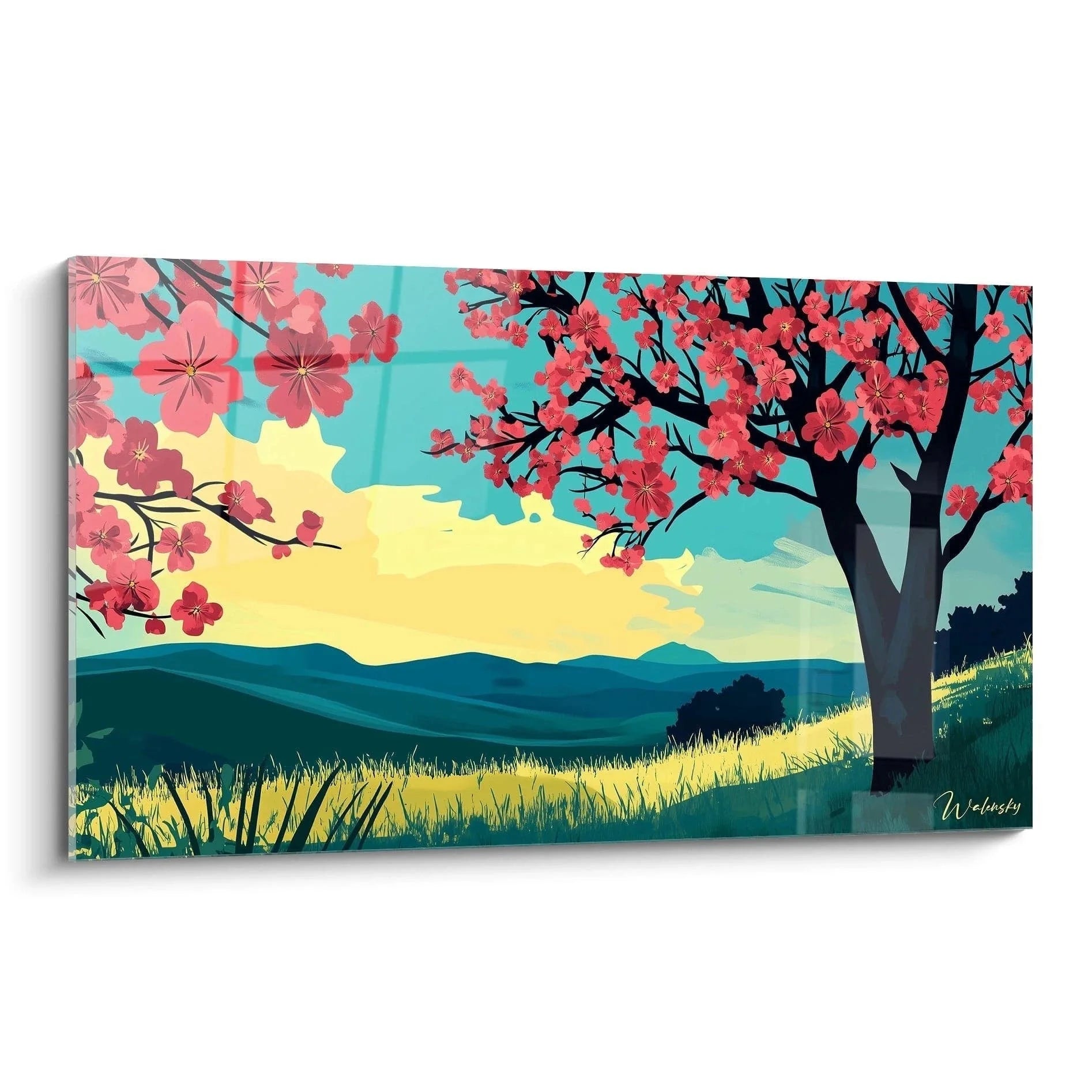 Wandbild Kirschblütenlandschaft mit rosa Blüten und türkisem Himmel im Pissarro Stil