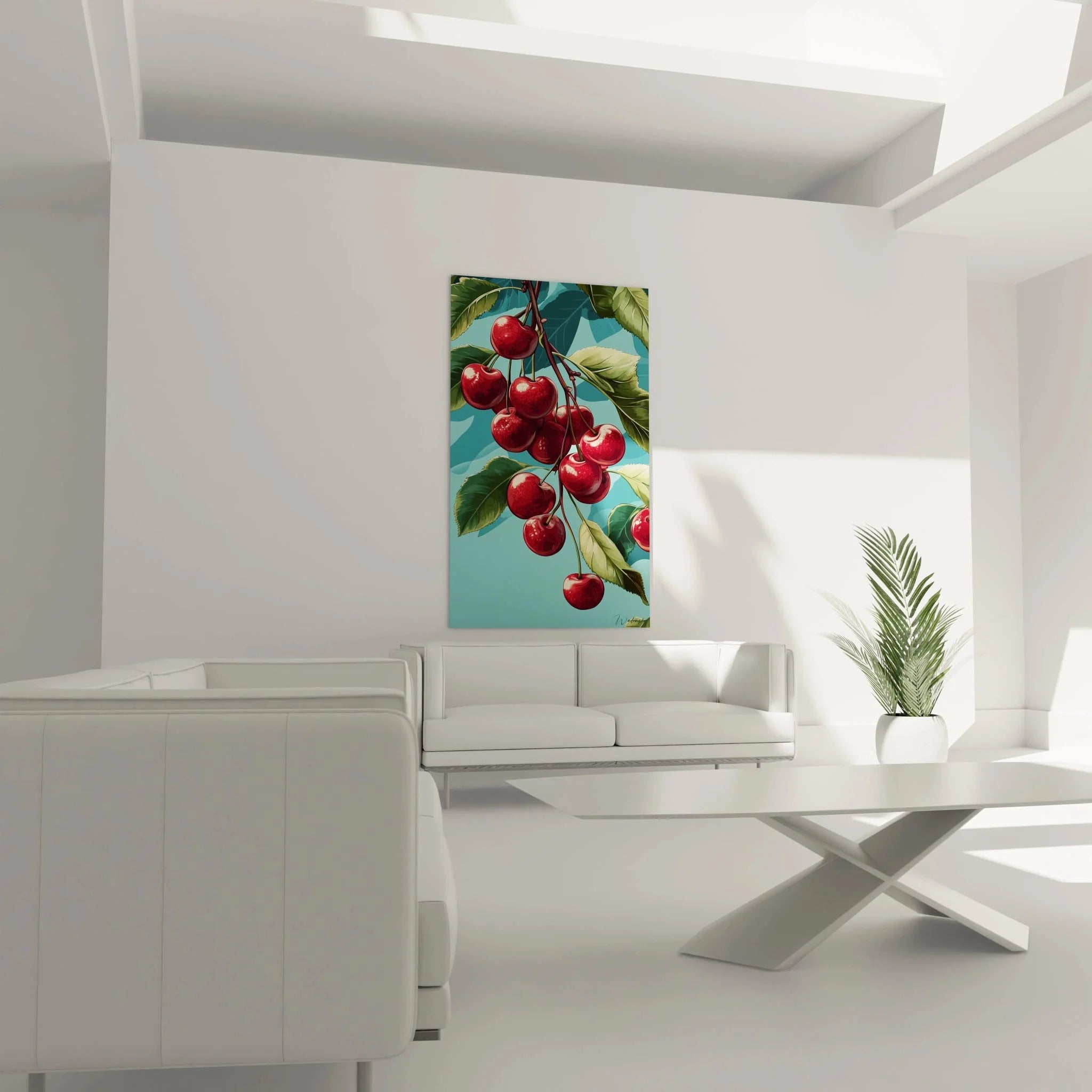 Nahaufnahme Wandbild Kirschen - Details der roten glänzenden Früchte mit grünen Blättern