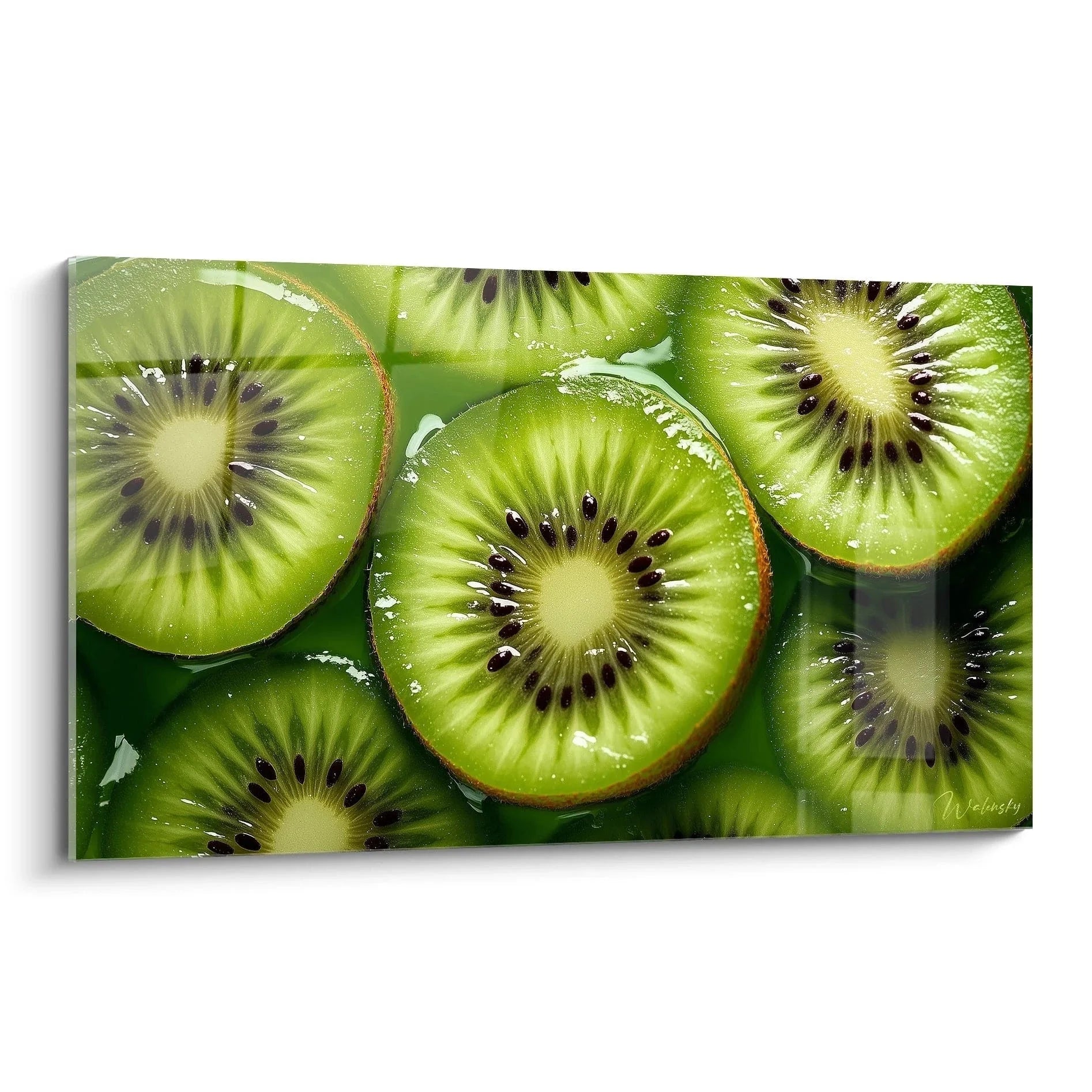Wandbild Kiwi Scheiben mit Wassertropfen - moderne Küchendekoration in leuchtenden Grüntönen
