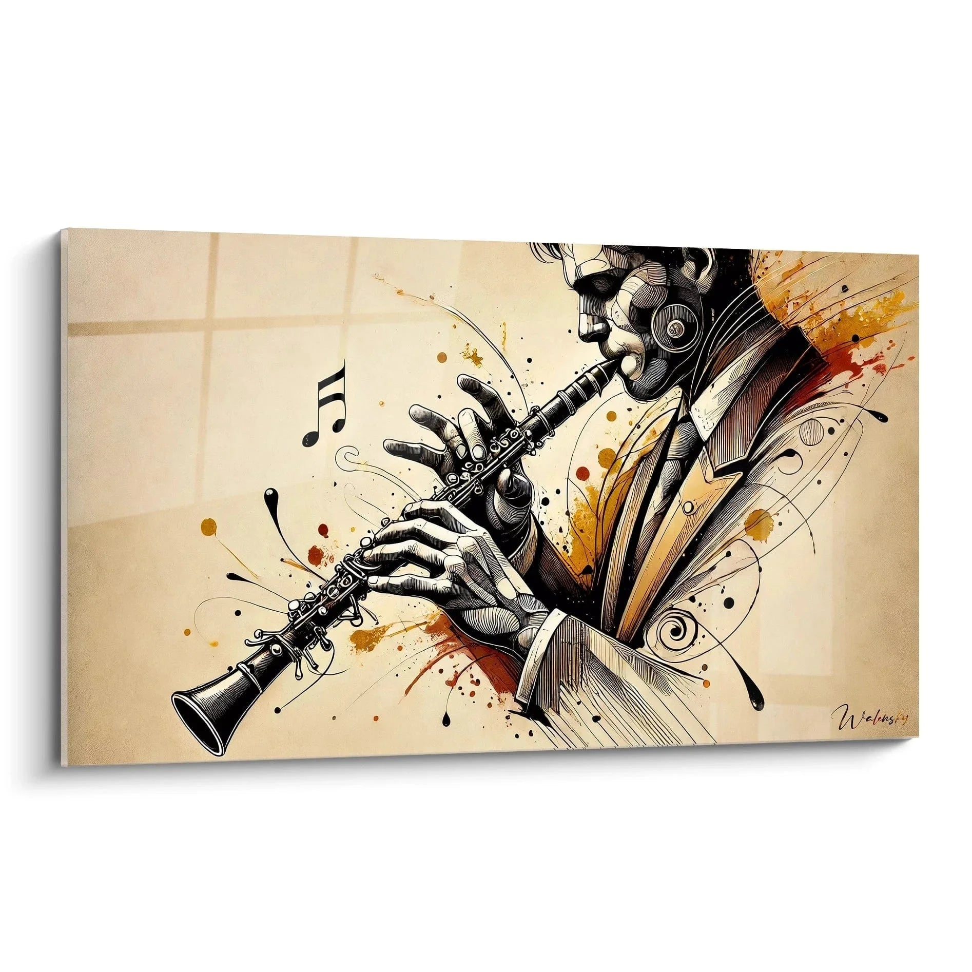 Wandbild Klarinette abstrakt mit dynamischen Farbspritzern und Musiknoten - Edition Musik Kunstwerk