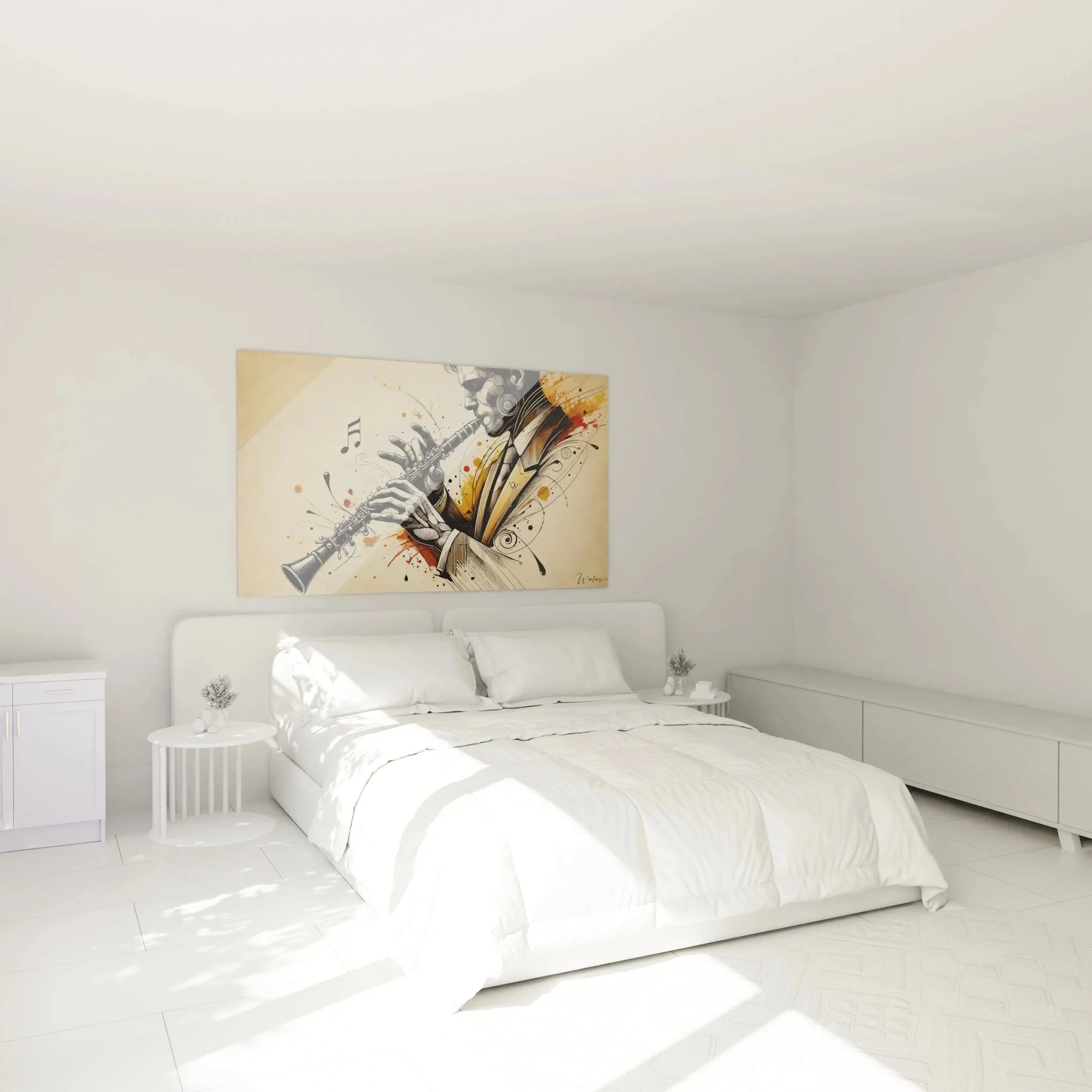 Wandbild Klarinette in modernem Schlafzimmer als stilvolle Musikdekoration an der Wand
