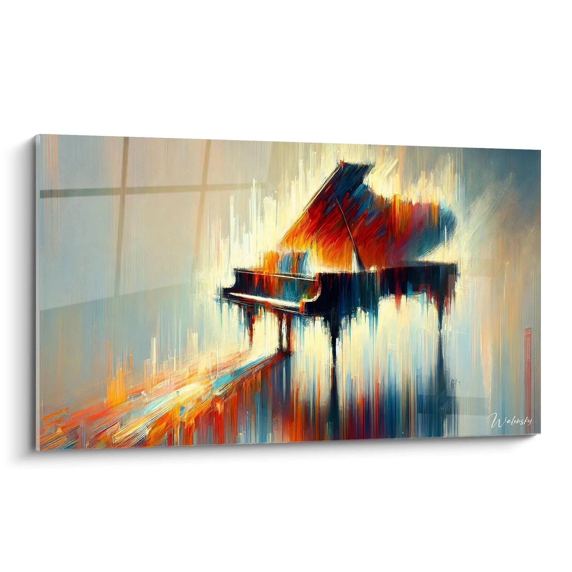 Abstraktes Wandbild Klavier mit orangenen und blauen Farbtönen, moderne Musikkunst