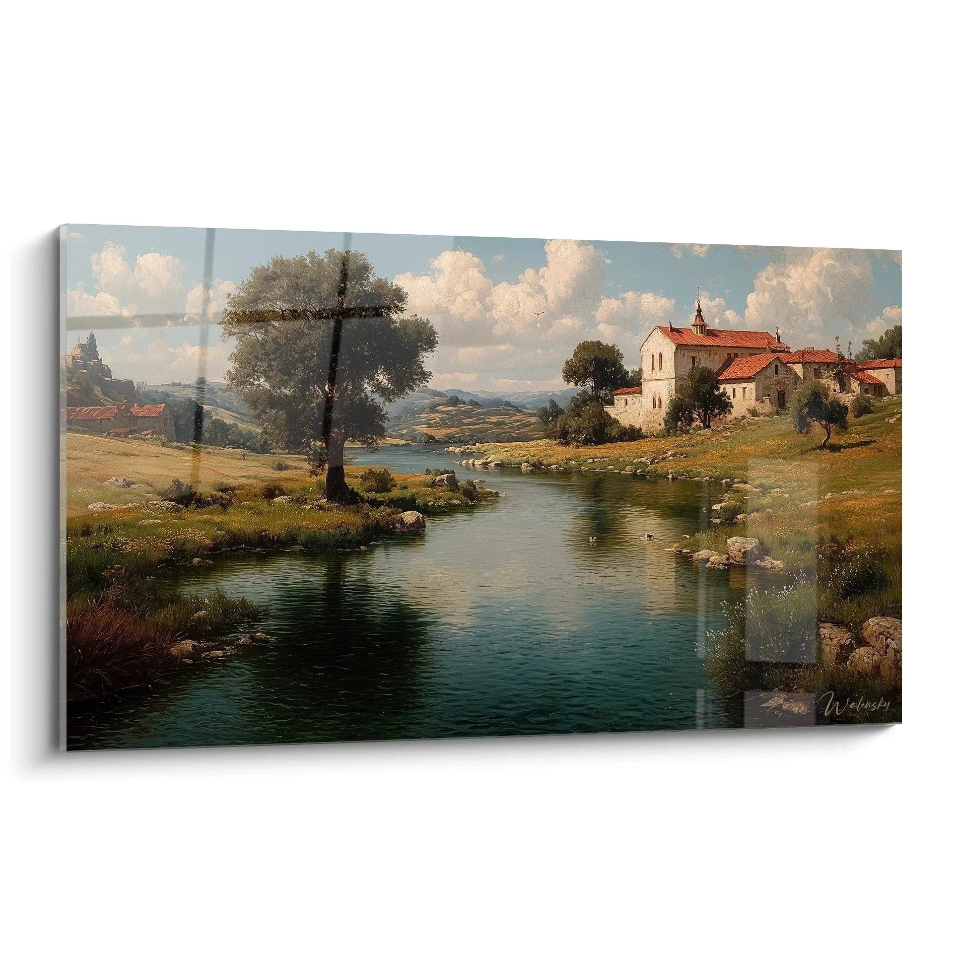 Wandbild Klosteranlage am Fluss im Klassizismus Stil mit mediterraner Architektur und idyllischer Landschaft