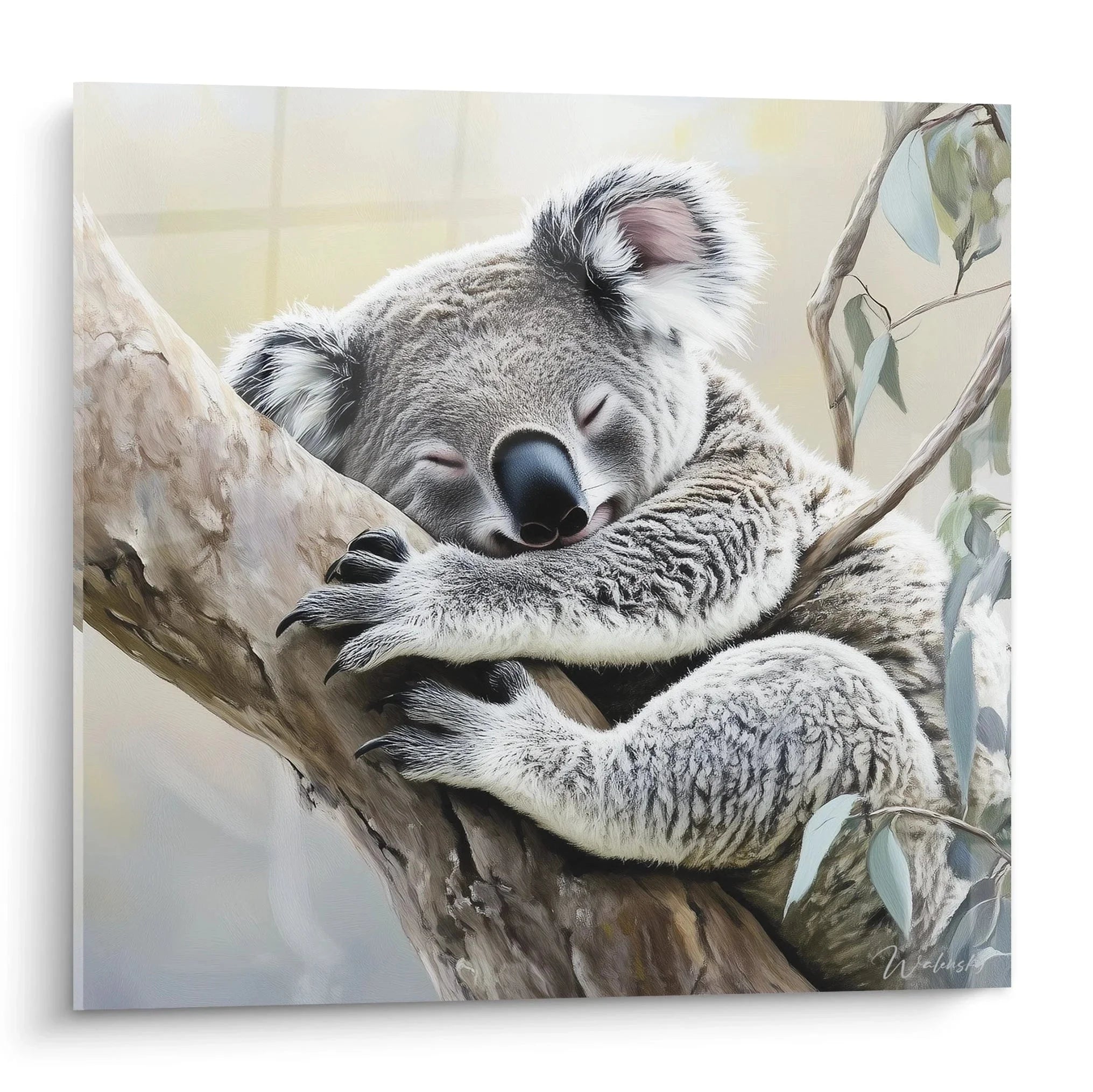 Wandbild Koala schlafend im Eukalyptusbaum, realistische Darstellung, Premium Kunstdruck für Wohnzimmer