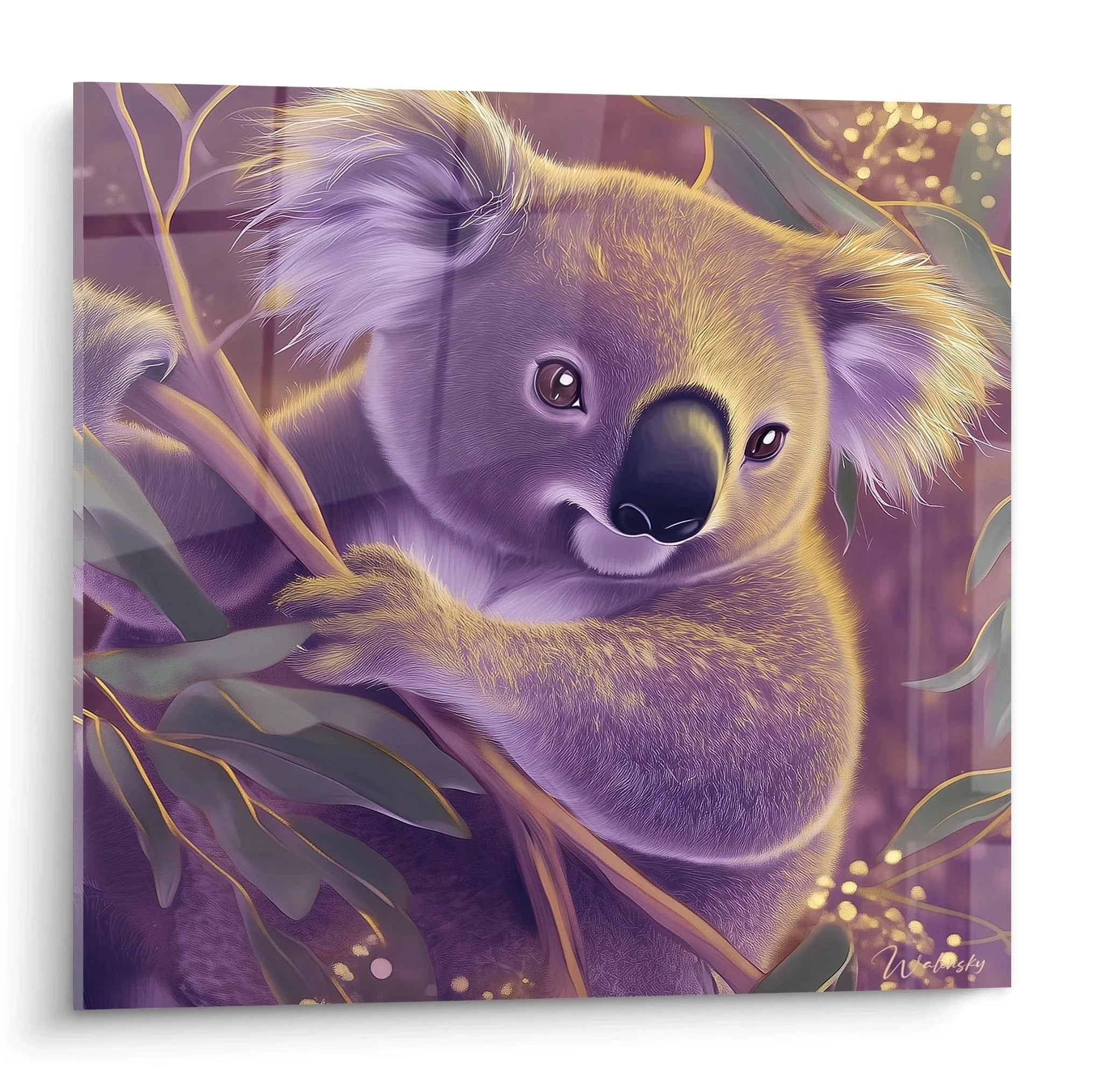 Wandbild Koala in violetten Farbtönen zwischen Eukalyptusblättern als moderner Kunstdruck