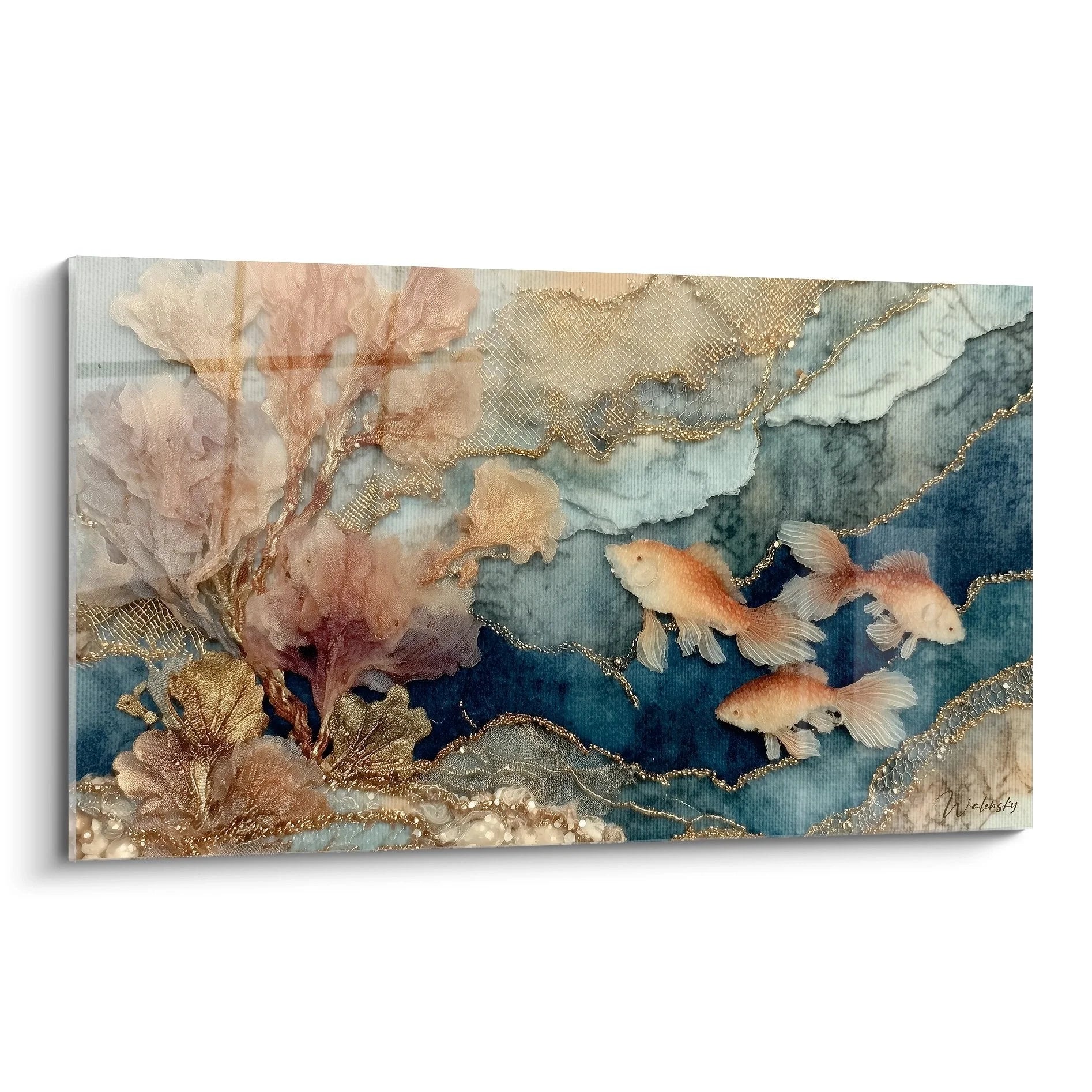 Wandbild Koi Fische mit goldenen Akzenten und Korallen in blauem Wasser - Edition Wald Aquarium Kunst