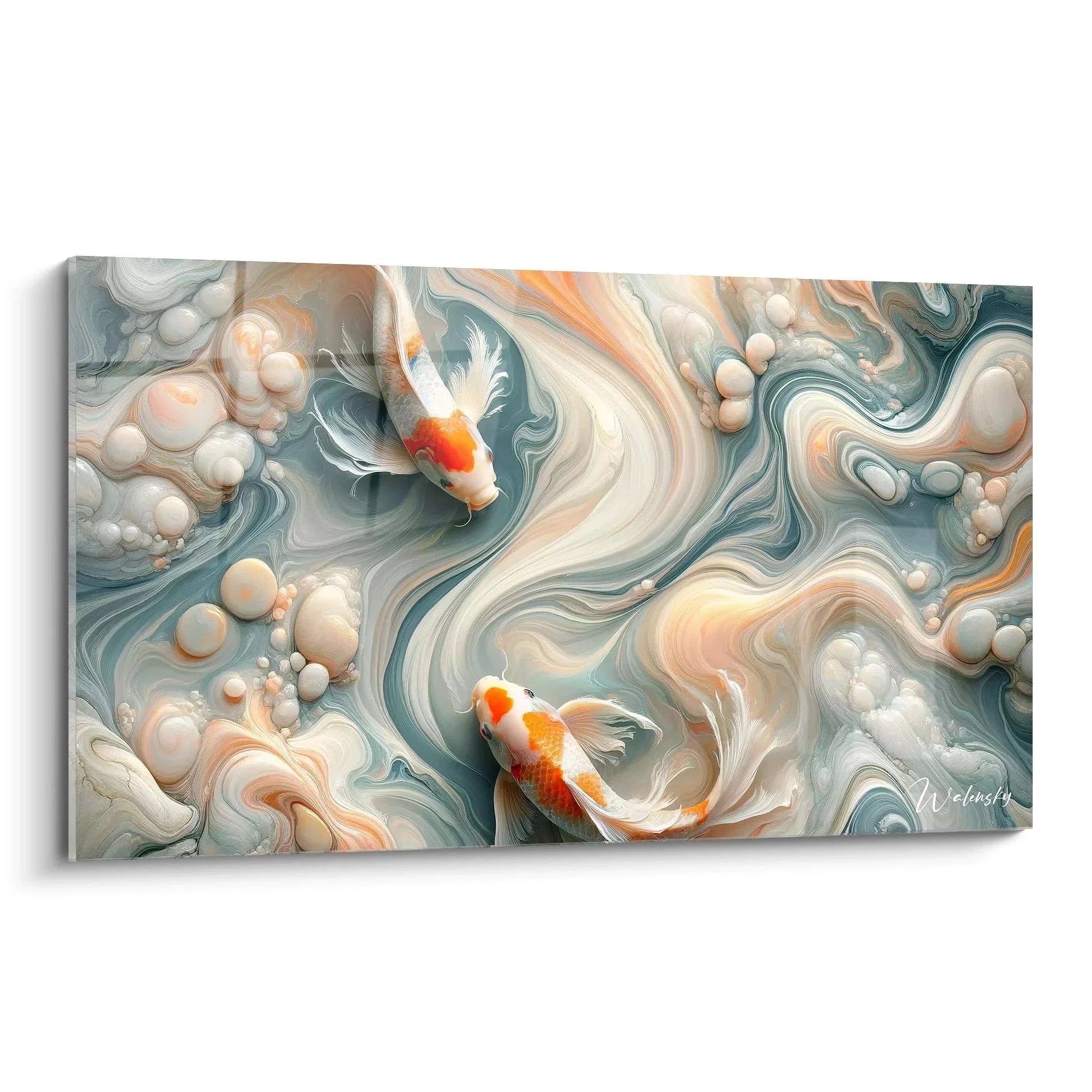 Wandbild Koi Fische in marmoriertem Wasser - Japanische Wandkunst mit orange-roten Karpfen und Perlmutt-Blasen