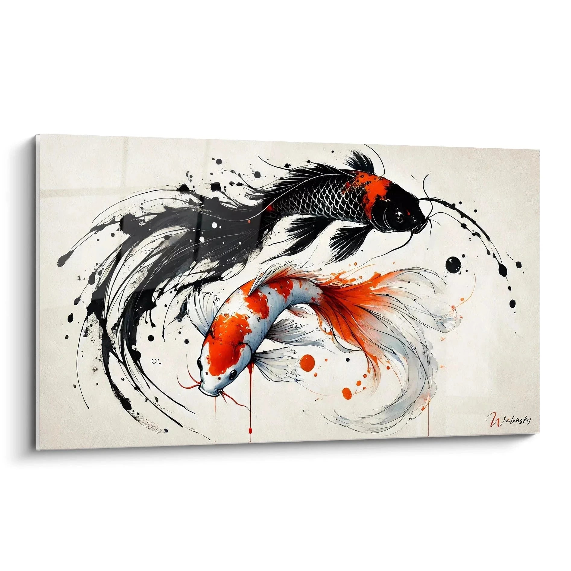 Wandbild zwei Koi Fische in Yin Yang Formation mit schwarzen und roten Farbakzenten auf hellem Hintergrund