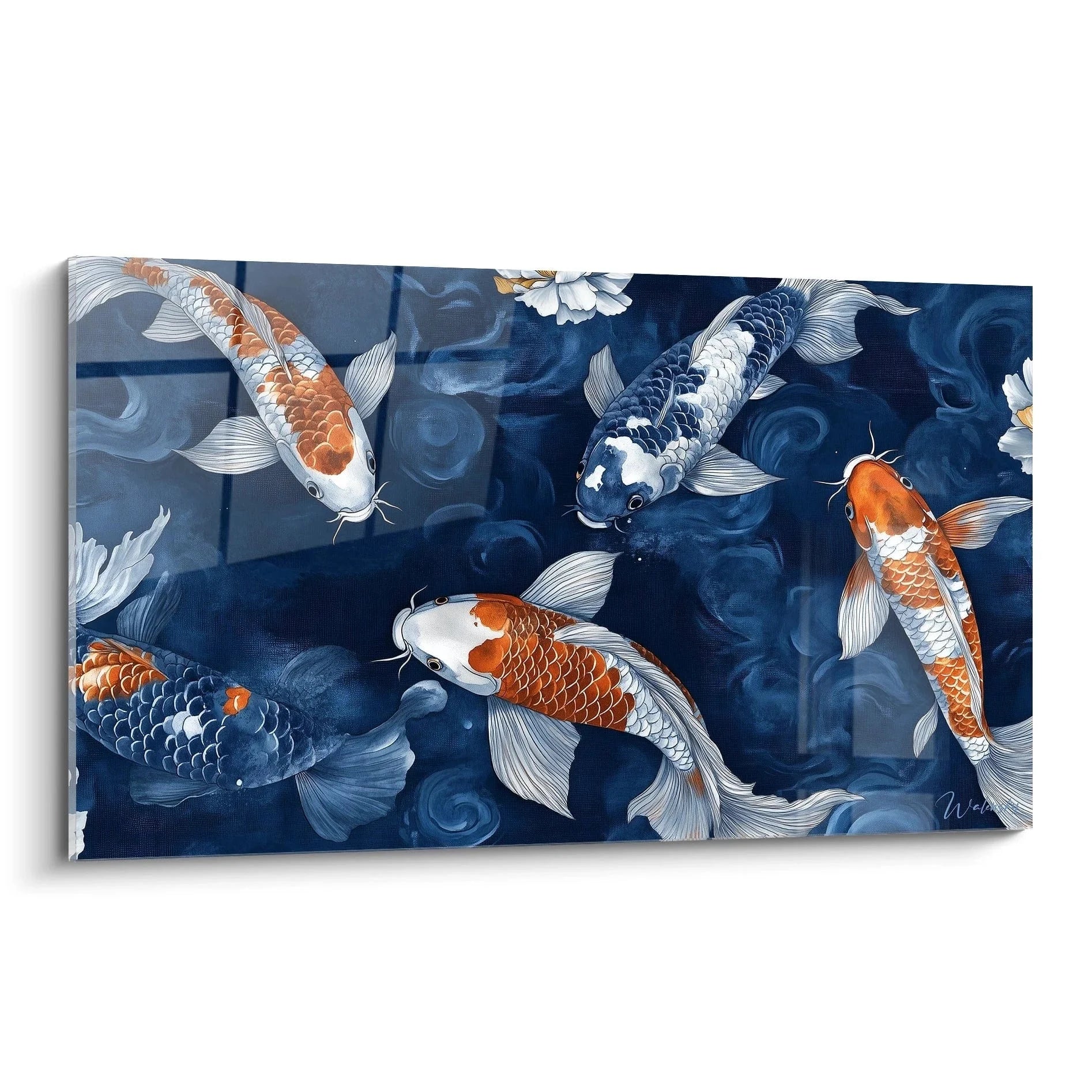 Wandbild Koi Karpfen in blau-orange Tönen schwimmen harmonisch durch tiefblaues Wasser - japanische Kunst