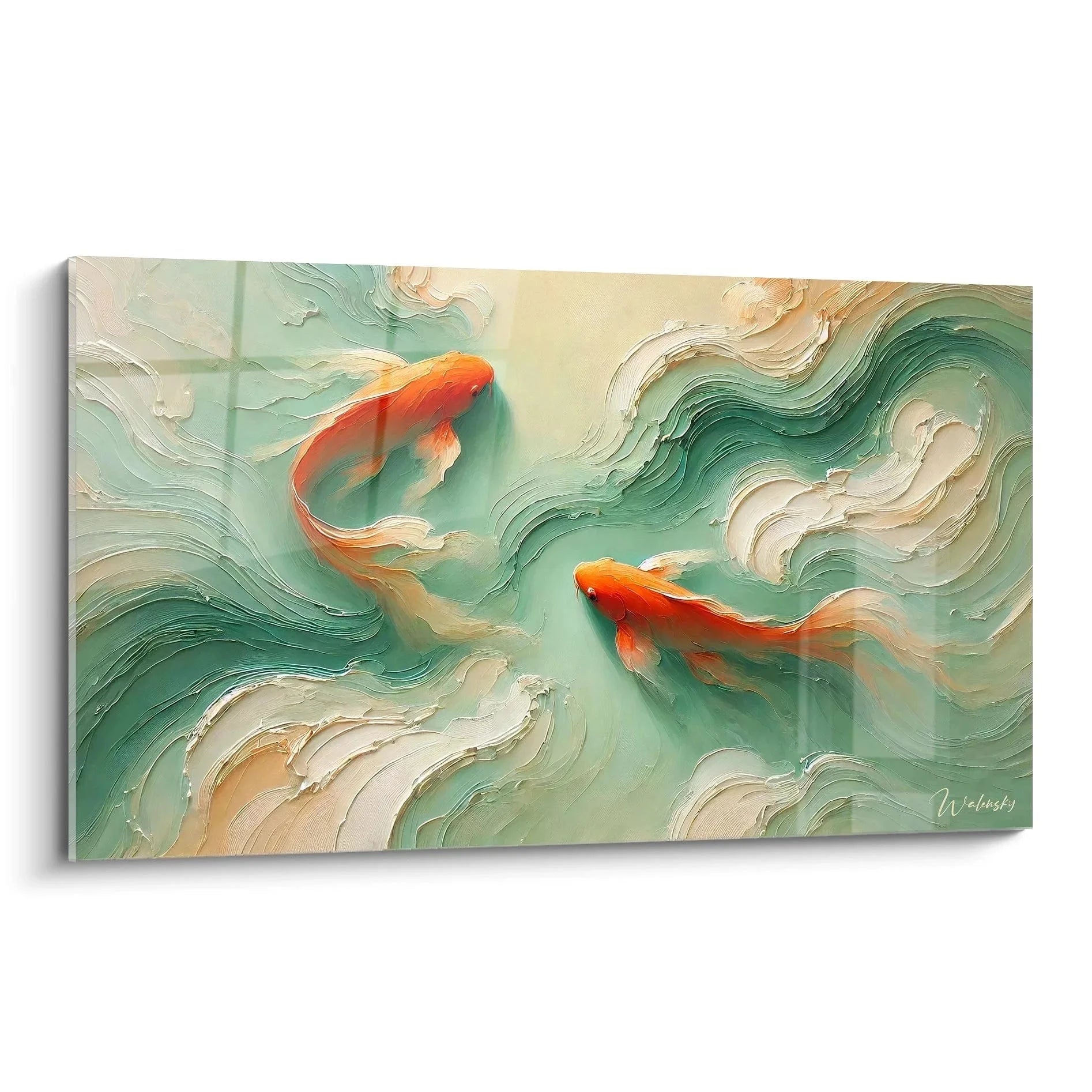 Wandbild Koi-Karpfen mit zwei orangefarbenen Fischen in türkisen Wasserwellen, moderne asiatische Wandkunst