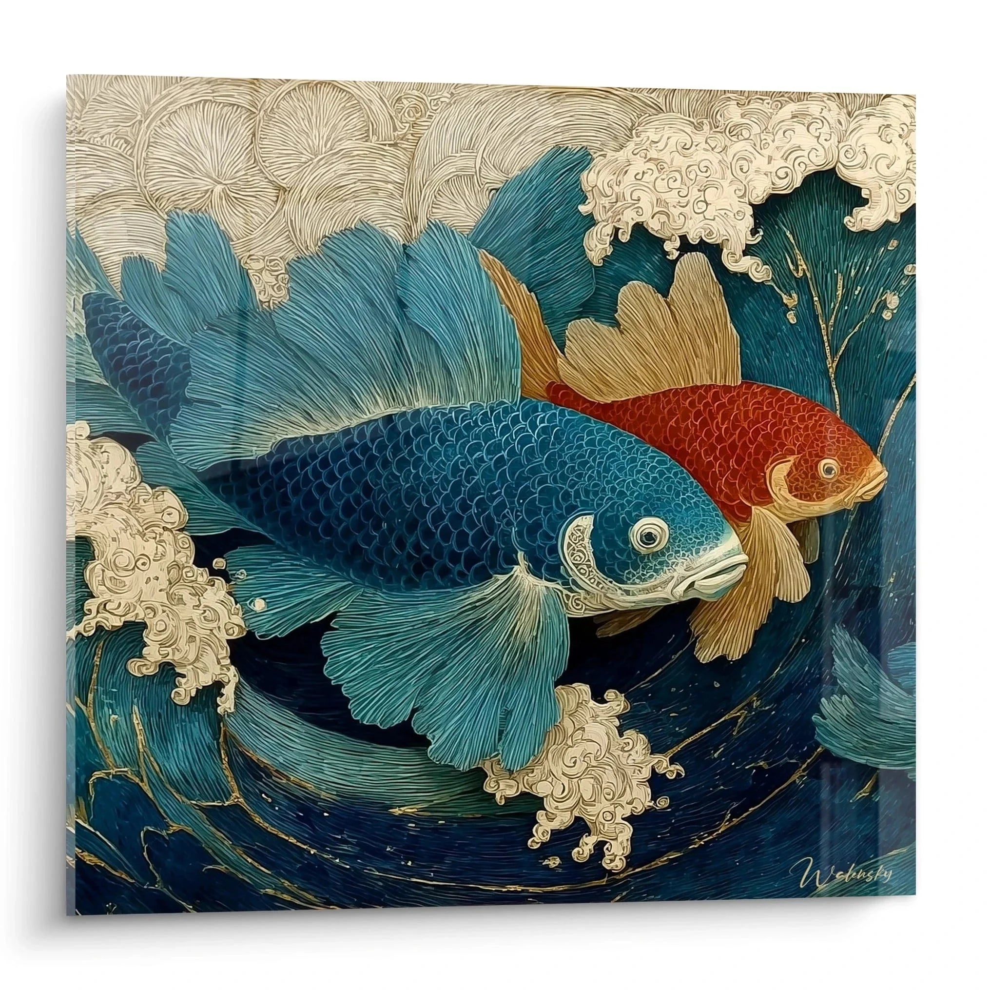 Wandbild Koi-Karpfen Jugendstil mit türkisblauen Wellen und ornamentalen Wasserpflanzen im Art Nouveau Stil
