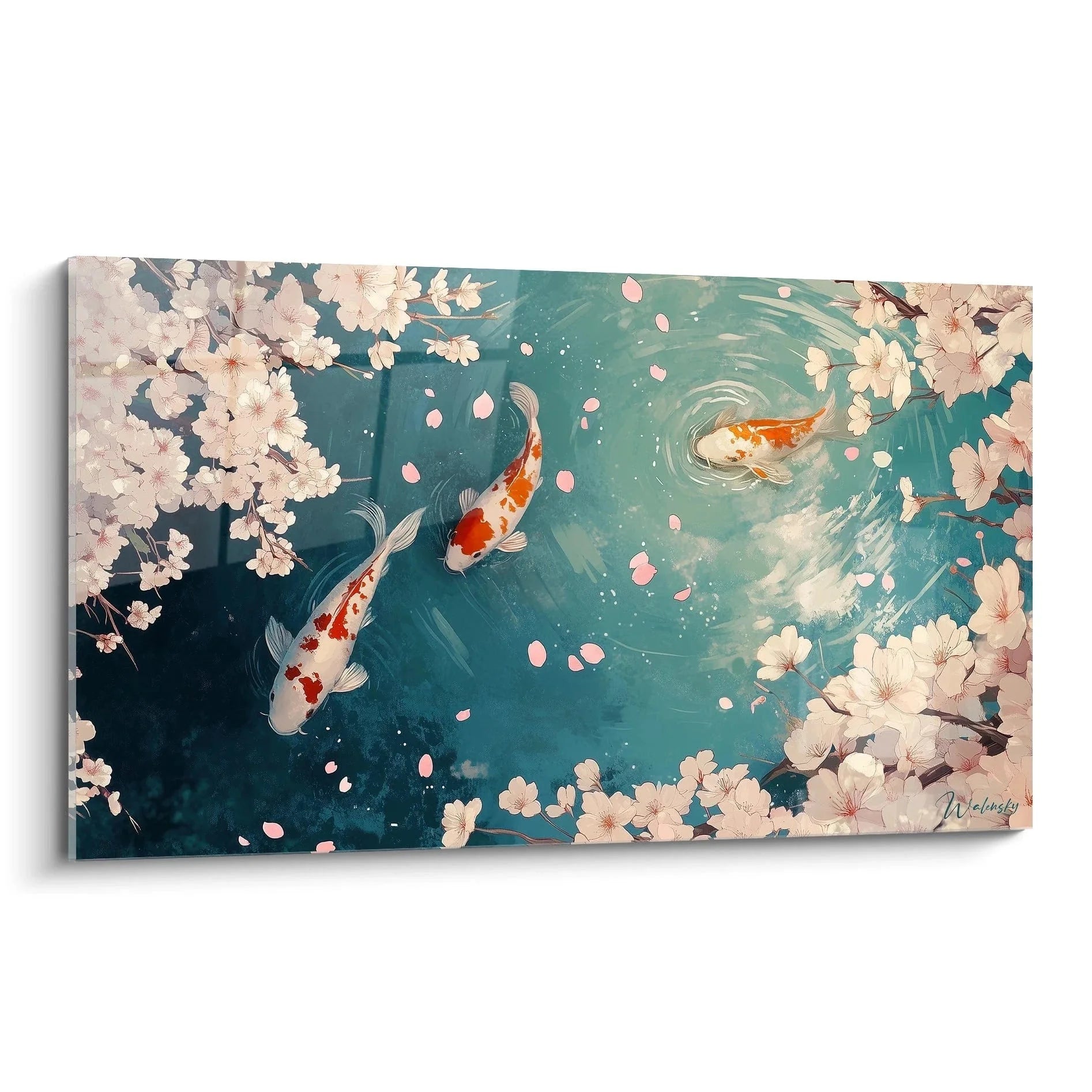 Wandbild Koi Karpfen mit Kirschblüten in türkisem Wasser - Japanische Kunst Sakura