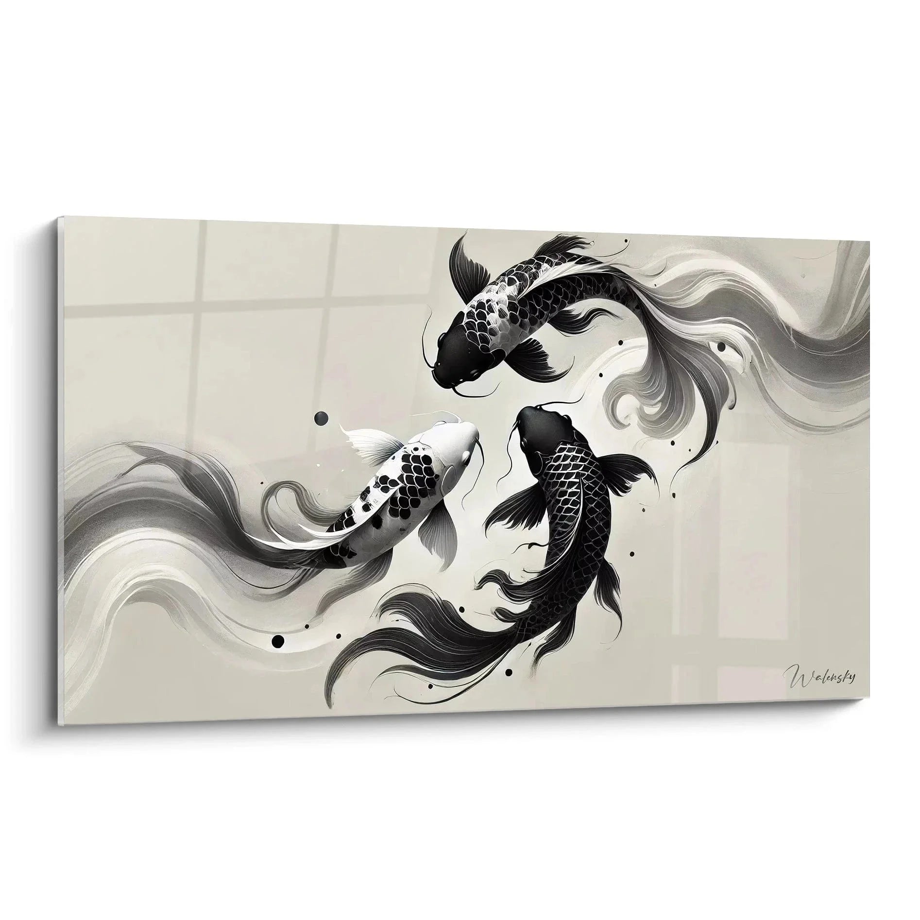 Wandbild mit drei Koi Karpfen in schwarz-weiß mit fließenden Wassermotiven - asiatische Wandkunst