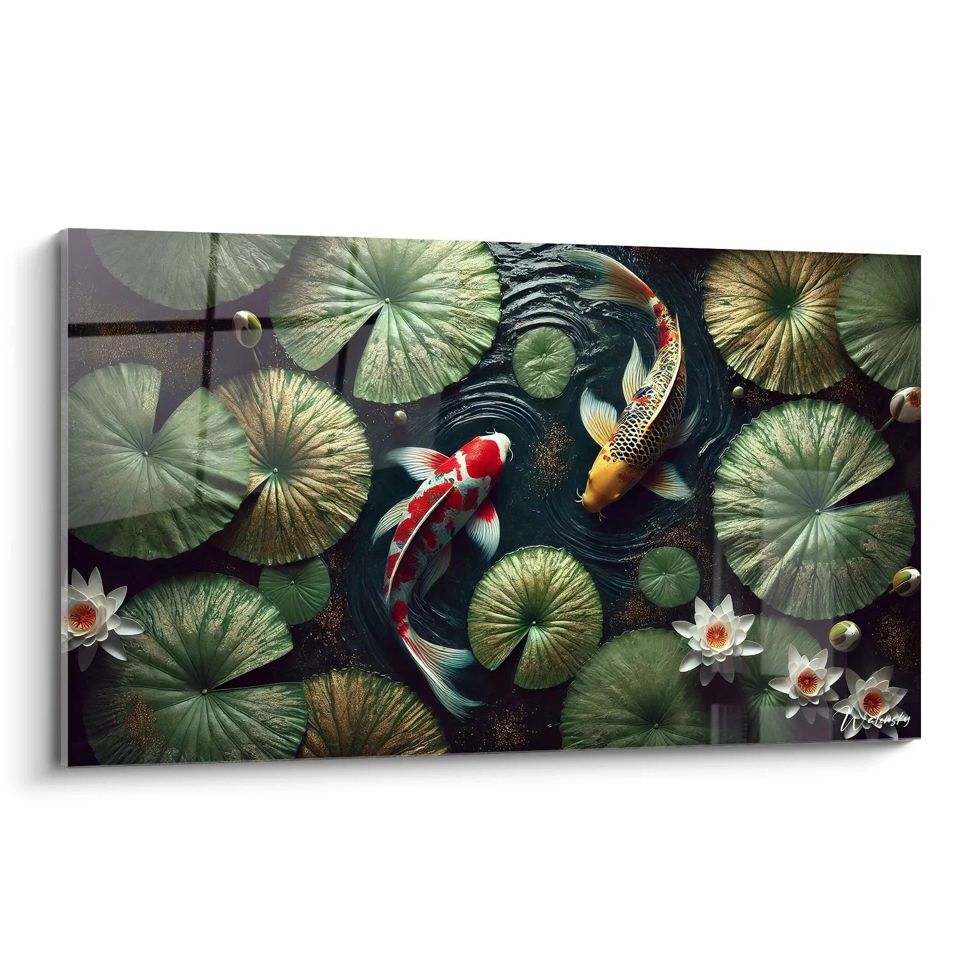 Wandbild Koi-Karpfen schwimmen zwischen Seerosenblättern im dunklen Teich mit weißen Blüten - Premium Kunstdruck