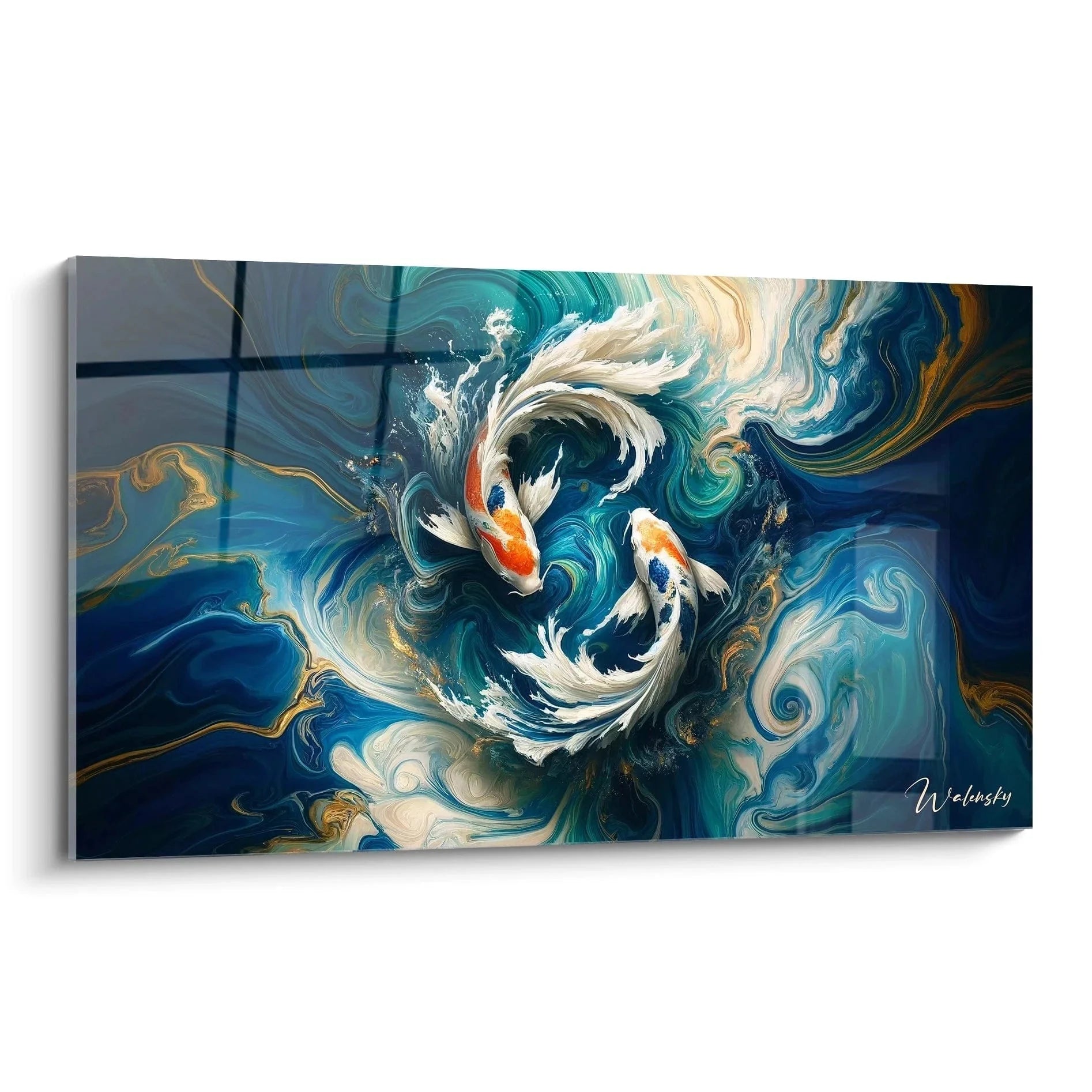 Wandbild Koi Karpfen Yin Yang Formation mit Wasserstrudeln in Blau Gold Tönen Edition Koi-Karpfen