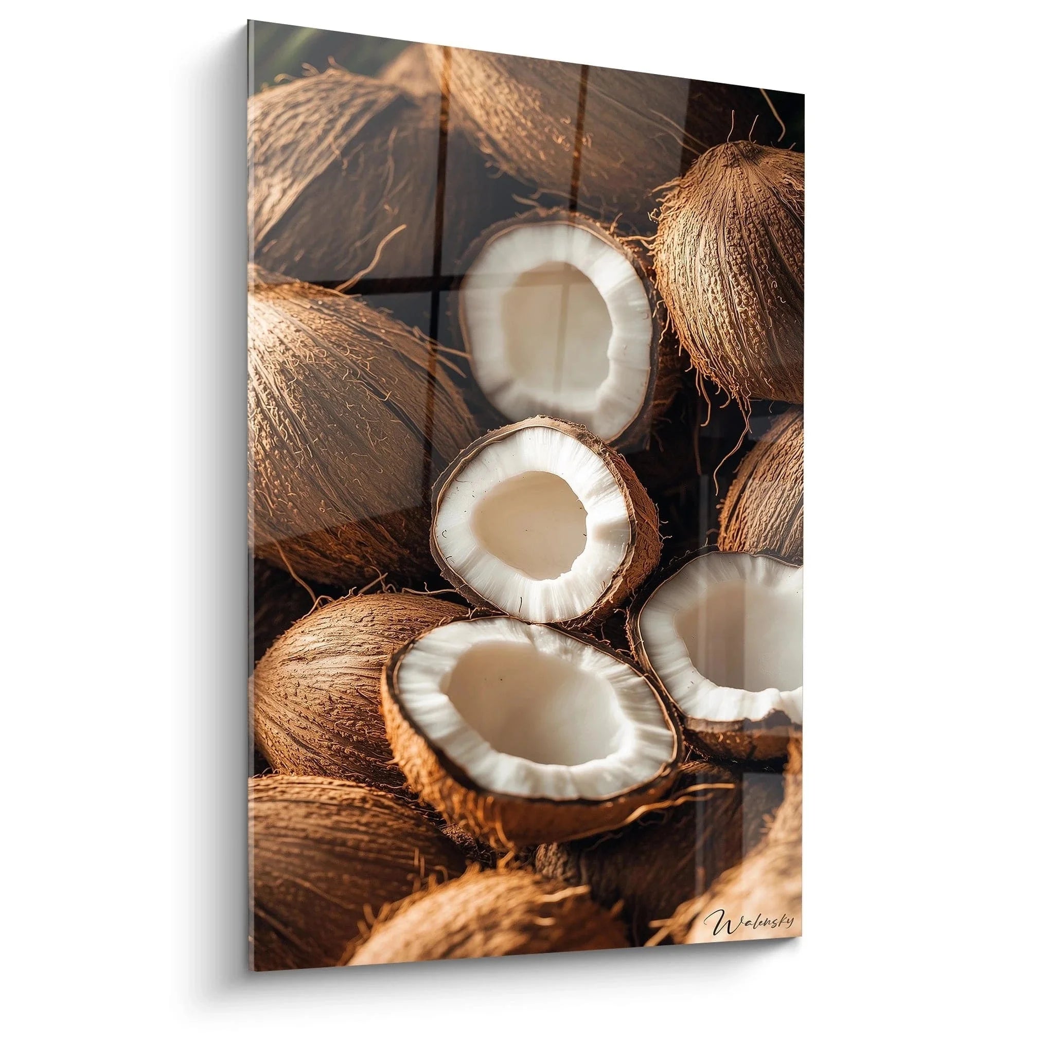 Wandbild Kokosnuss XXL mit aufgeschnittenen tropischen Früchten in warmen Brauntönen für Küchendekoration