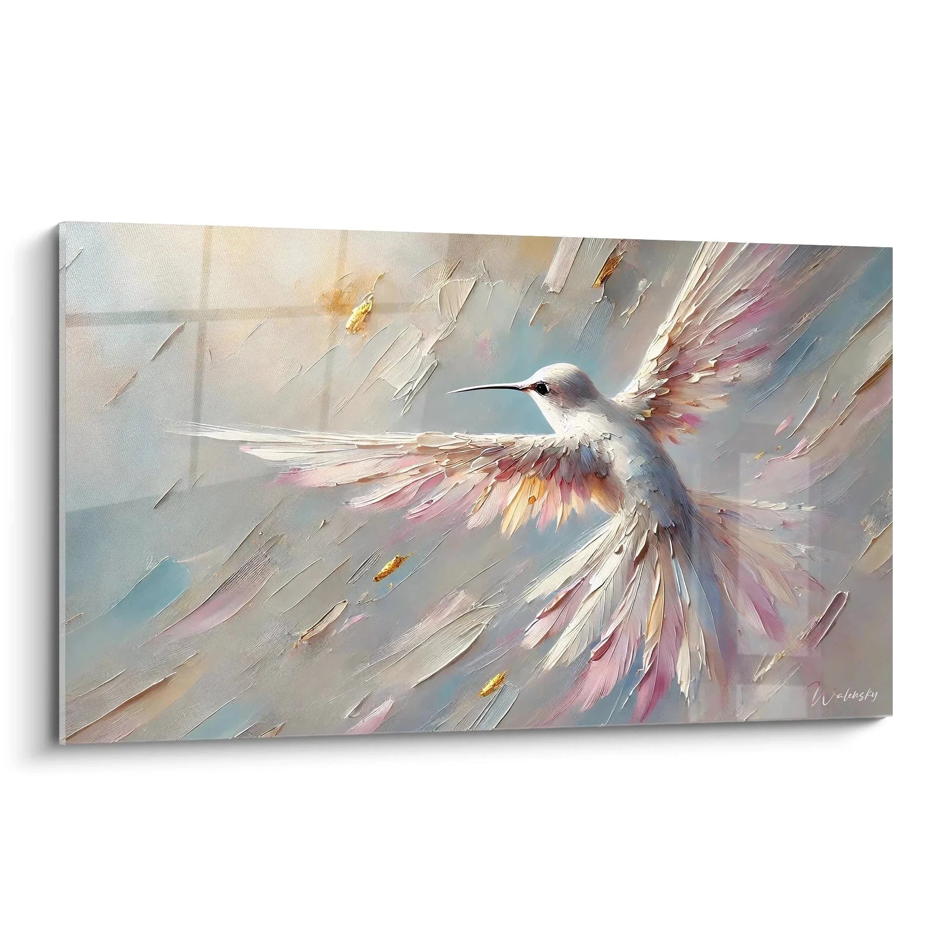Wandbild Kolibri mit explosiver Flügelbewegung in Pastelltönen - Edition Kolibri Wandkunst