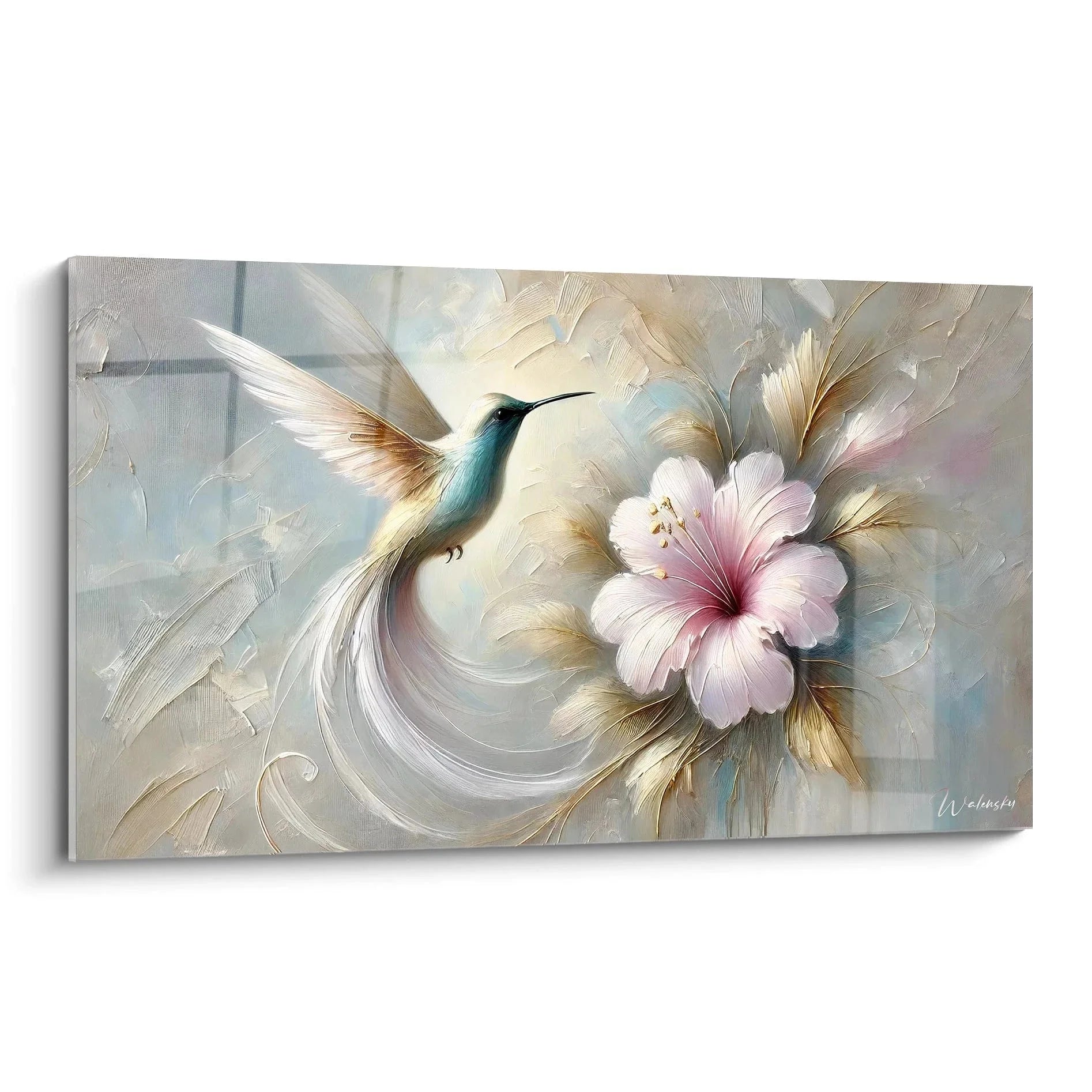 Wandbild Kolibri mit Hibiskusblüte in Pastelltönen - Premium Wandkunst XXL für moderne Raumgestaltung