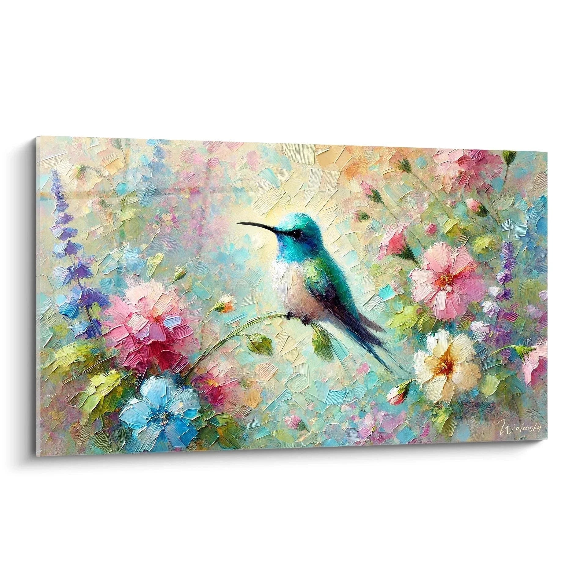 Wandbild Kolibri impressionistisch mit bunten Blüten in türkis rosa Farbtönen - Edition Kolibri Kunstdruck