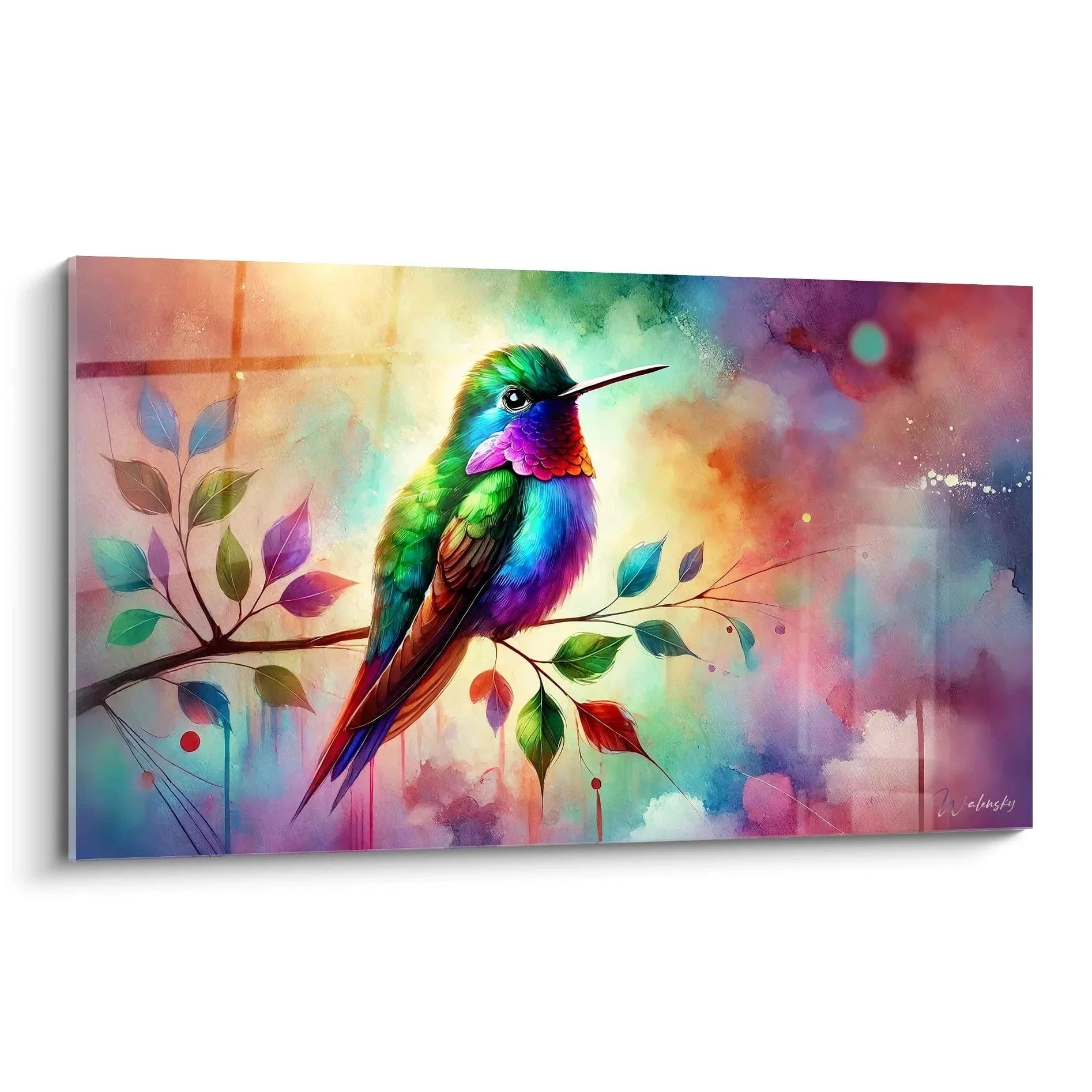Wandbild Kolibri in Regenbogenfarben im Aquarell-Stil auf Ast sitzend - Edition Kolibri Kunstdruck