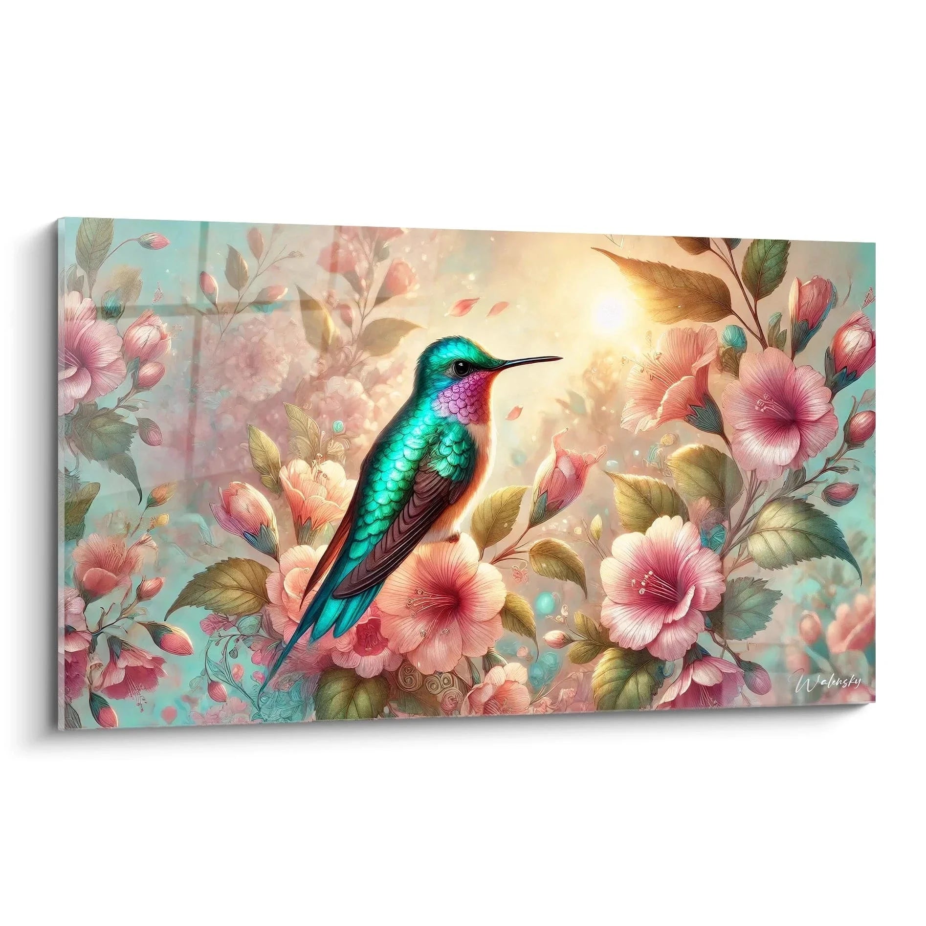 Wandbild Kolibri türkis mit rosafarbenen Hibiskusblüten, tropische Vogel Wanddekoration XXL