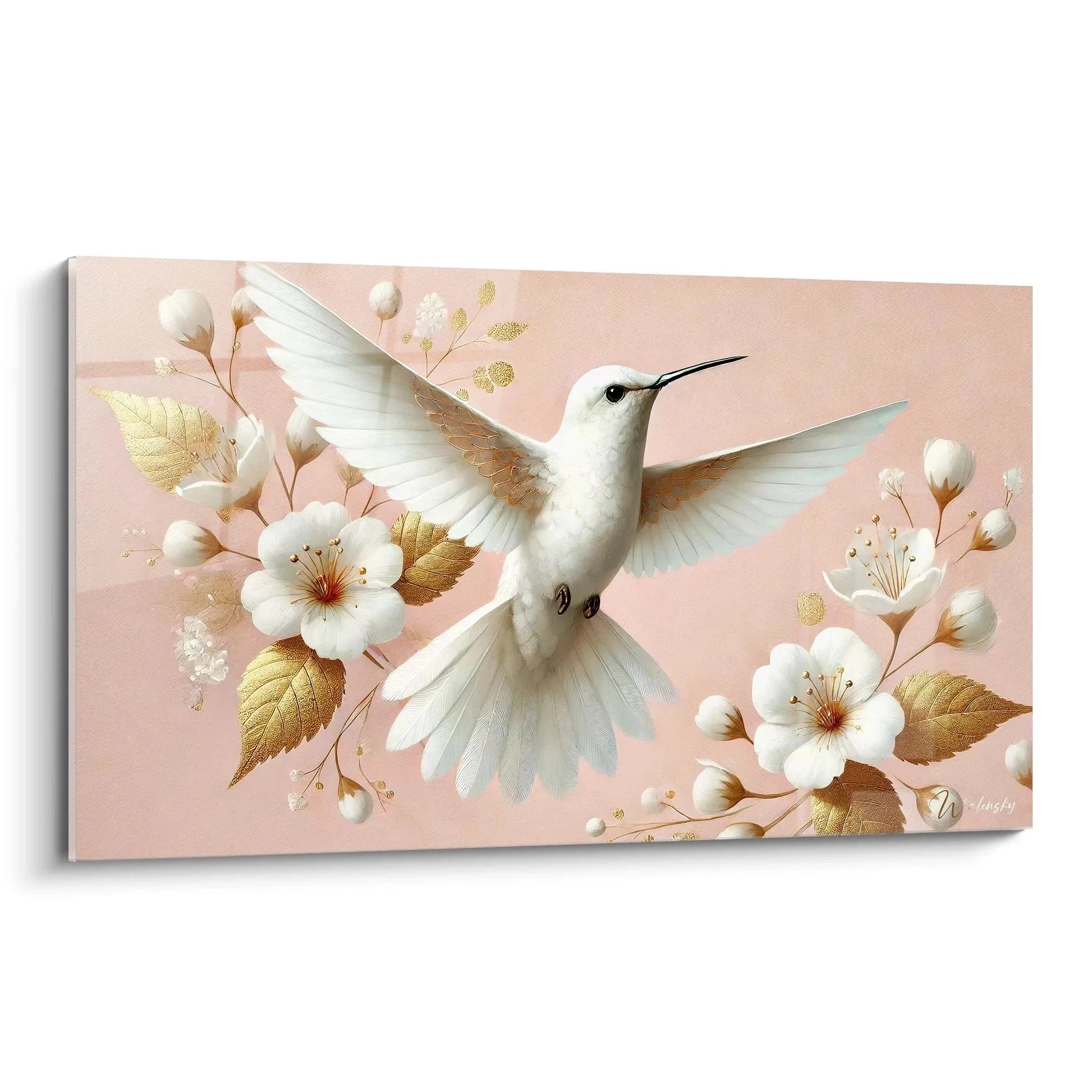 Wandbild weißer Kolibri mit goldenen Blüten auf rosa Hintergrund - Edition Kolibri Wanddekoration