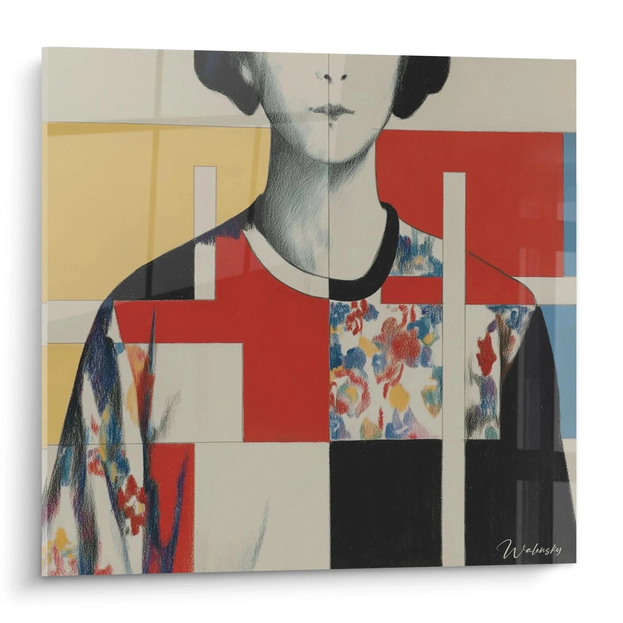 Wandbild Konstruktivismus Frauenportrait mit geometrischen Formen in Rot Gelb Schwarz