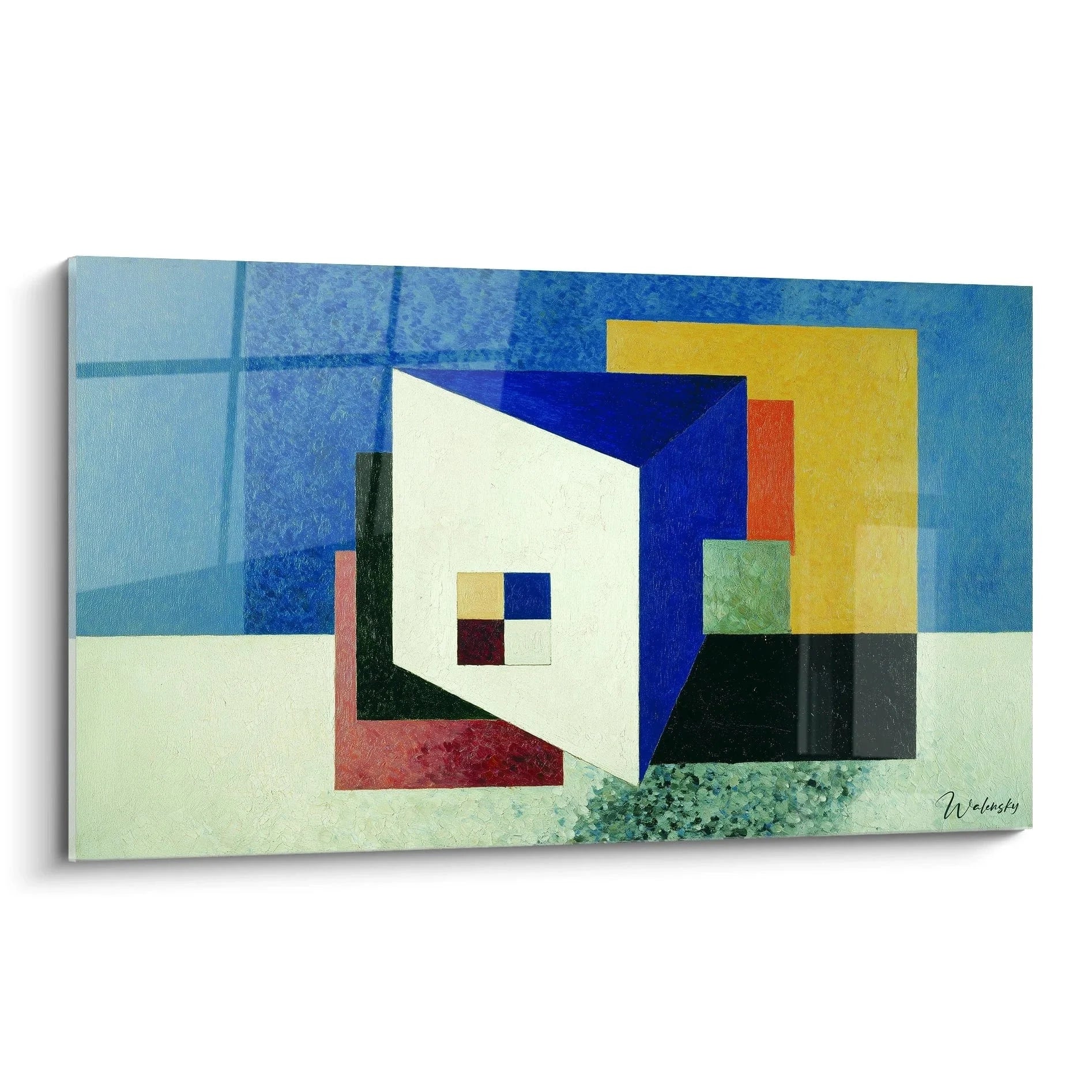 Wandbild Konstruktivismus mit geometrischen Formen in Blau Gelb Rot abstrakte Komposition